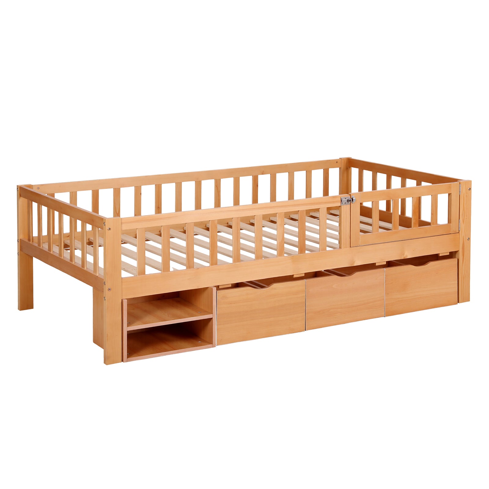 Kids Single Bed Frame with 3 Storage Drawer Montessori Bed for Toddler Natural