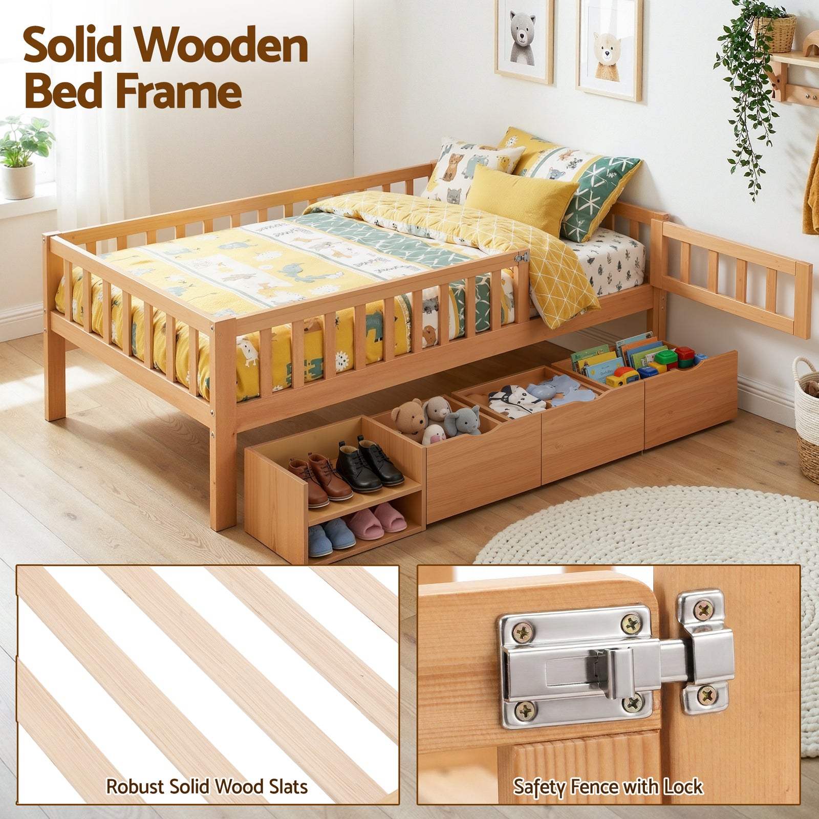 Kids Single Bed Frame with 3 Storage Drawer Montessori Bed for Toddler Natural