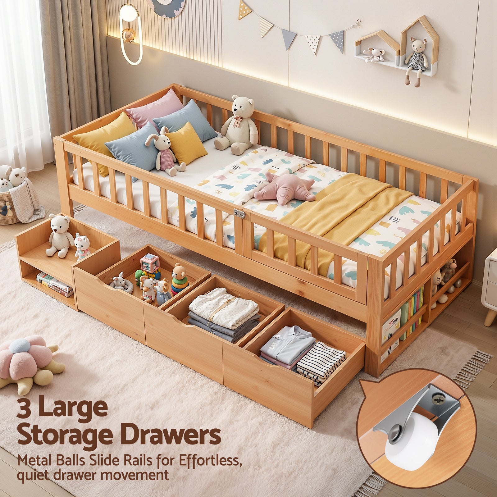 Kids Single Bed Frame with 3 Storage Drawer Montessori Bed for Toddler Natural