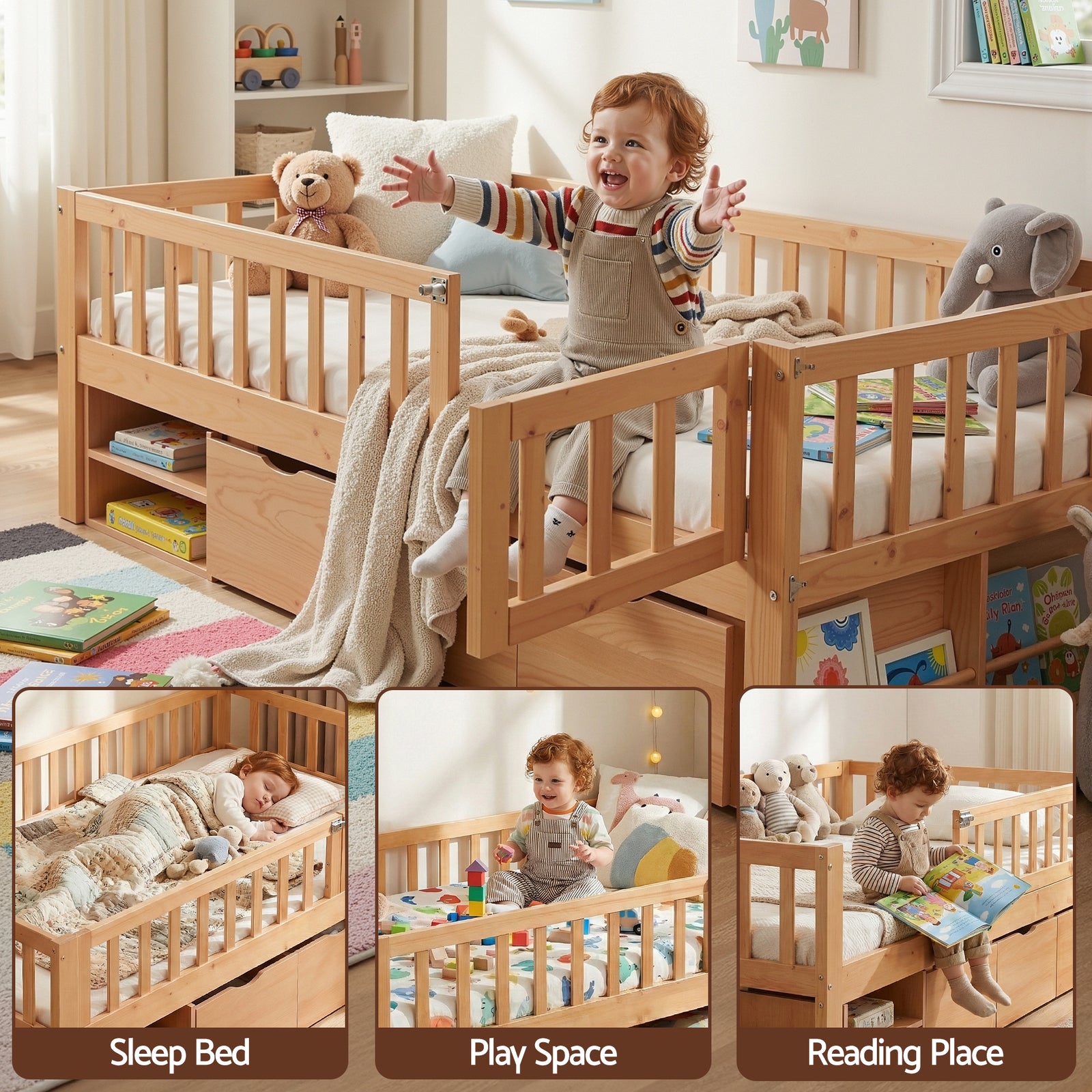 Kids Single Bed Frame with 3 Storage Drawer Montessori Bed for Toddler Natural