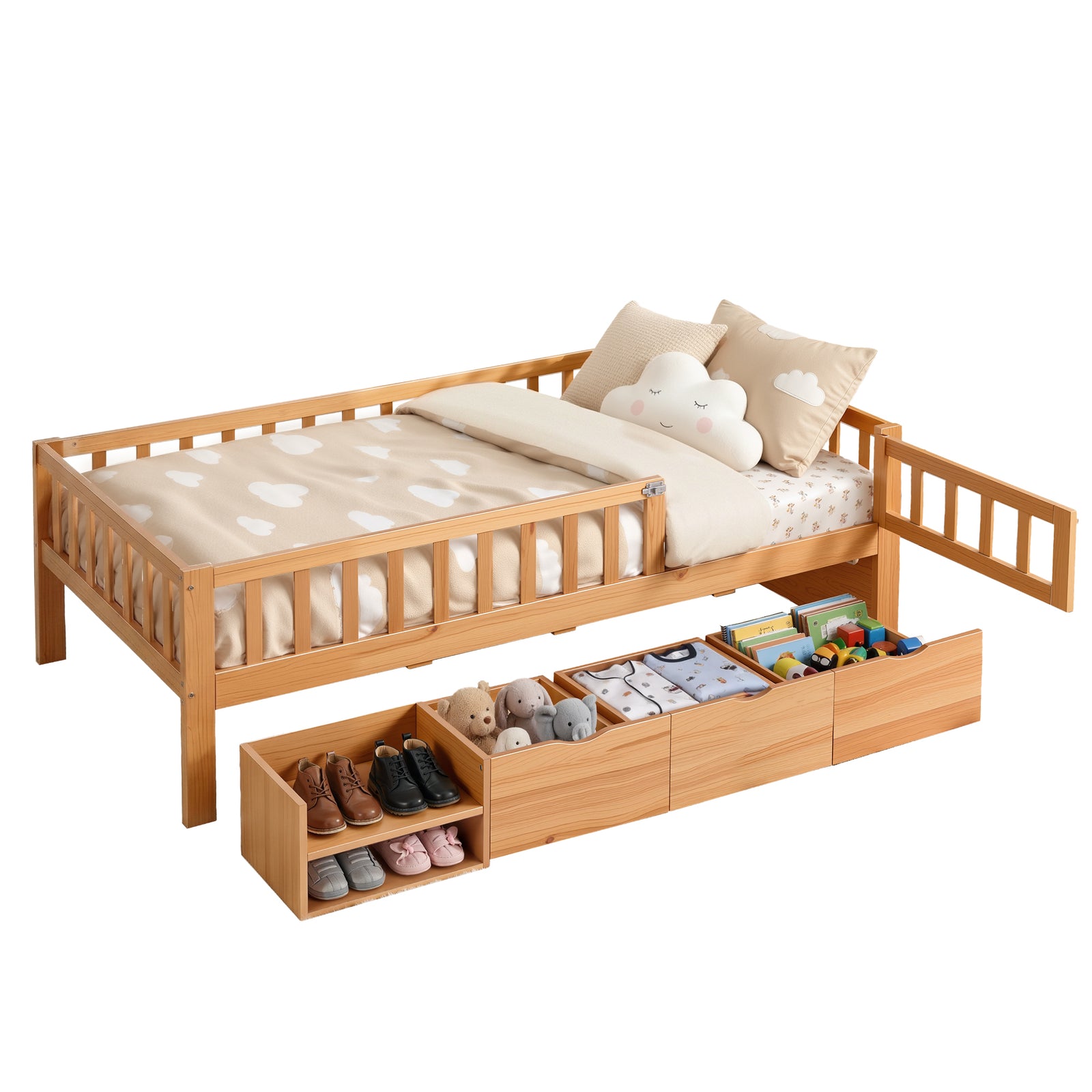 Kids Single Bed Frame with 3 Storage Drawer Montessori Bed for Toddler Natural