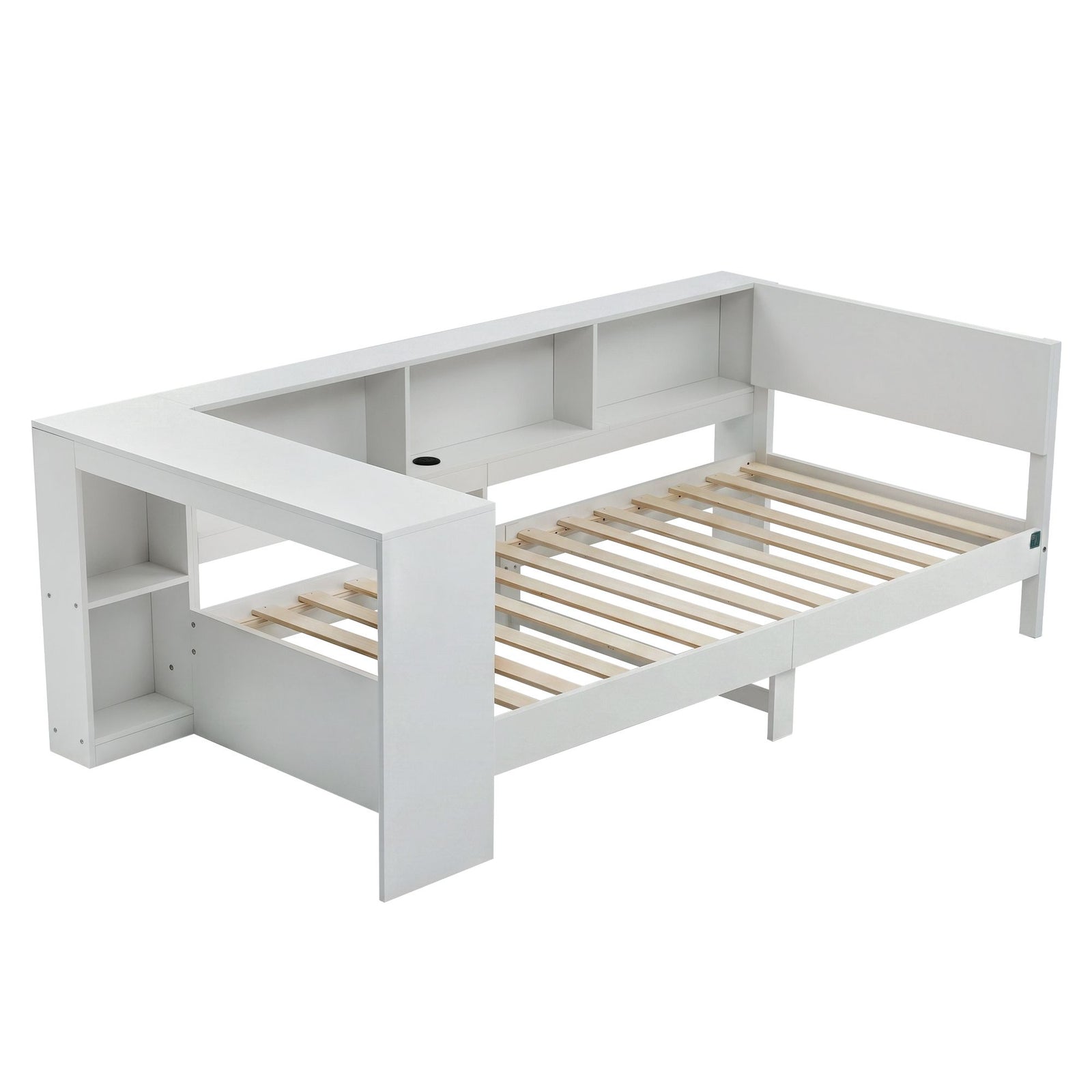 Artiss White Single Solid Wood Corner Platform Bed Frame with Built-in Desk, Storage Shelves and USB-C Charging Station for Small Spaces, Wooden Bed Base for Guest Room