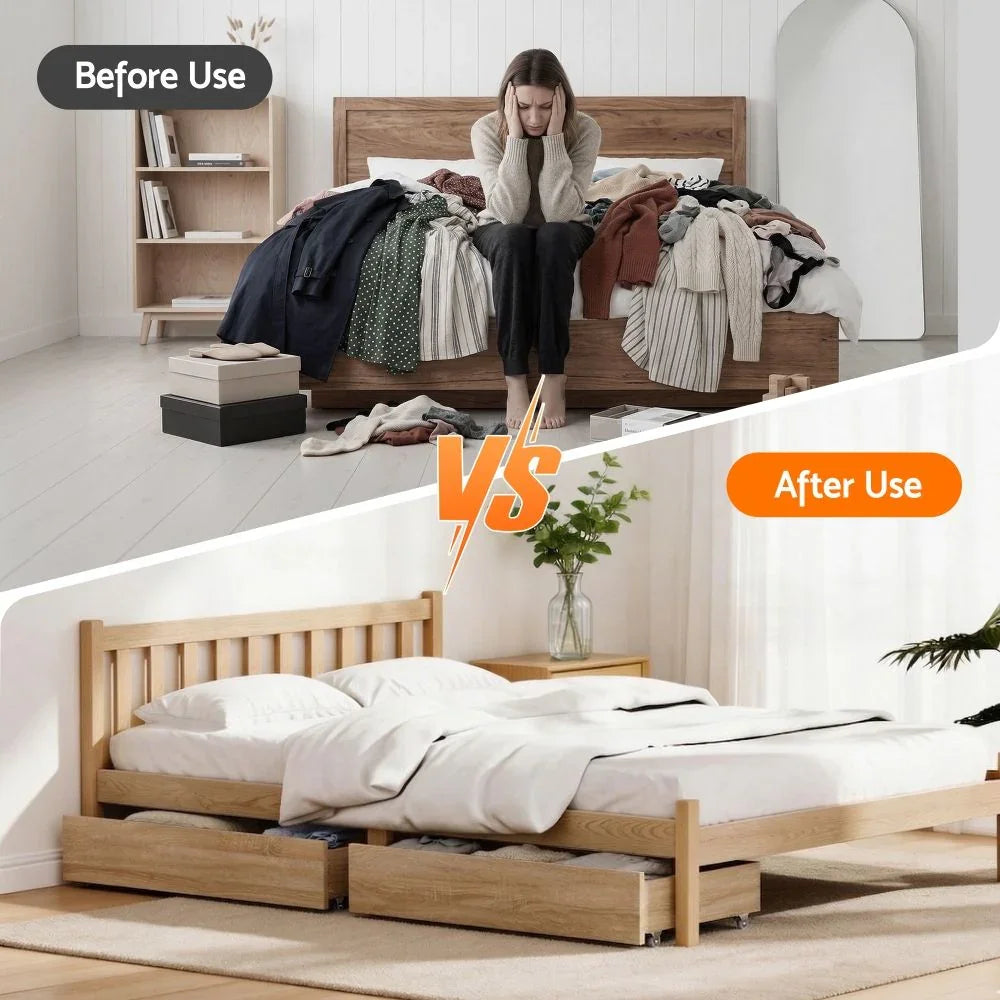 2pcs Under Bed Storage with Wheels Rolling Wooden Drawers King Single & Queen