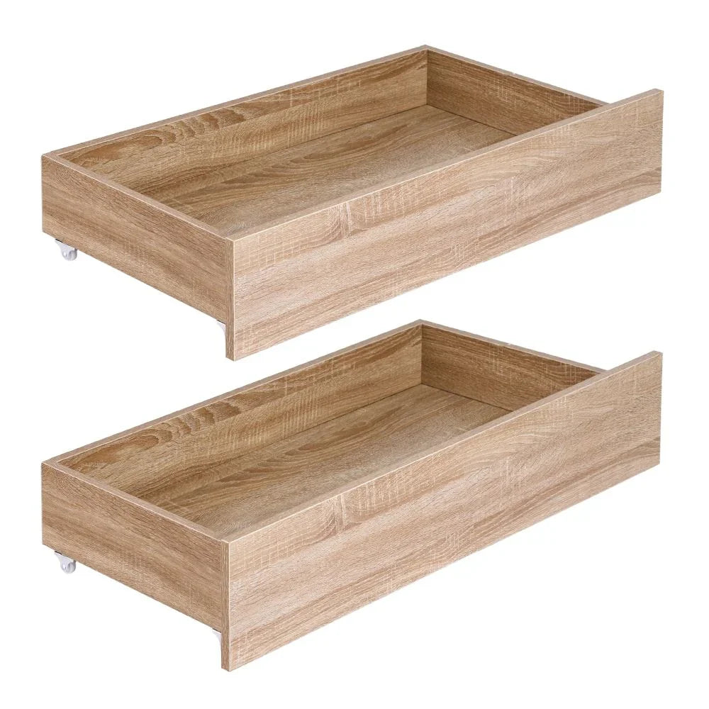 2pcs Under Bed Storage with Wheels Rolling Wooden Drawers Single & Double