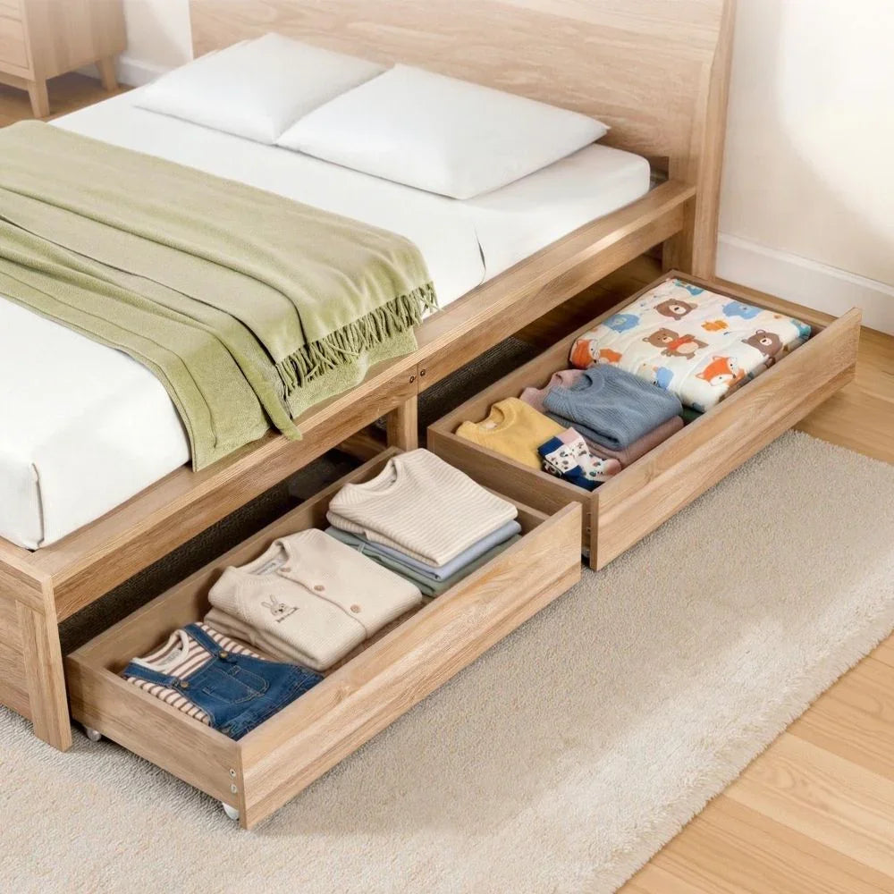2pcs Under Bed Storage with Wheels Rolling Wooden Drawers Single & Double