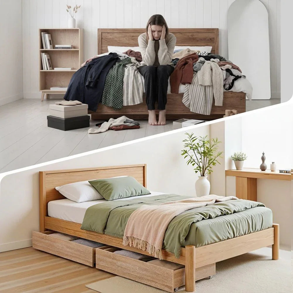 2pcs Under Bed Storage with Wheels Rolling Wooden Drawers Single & Double