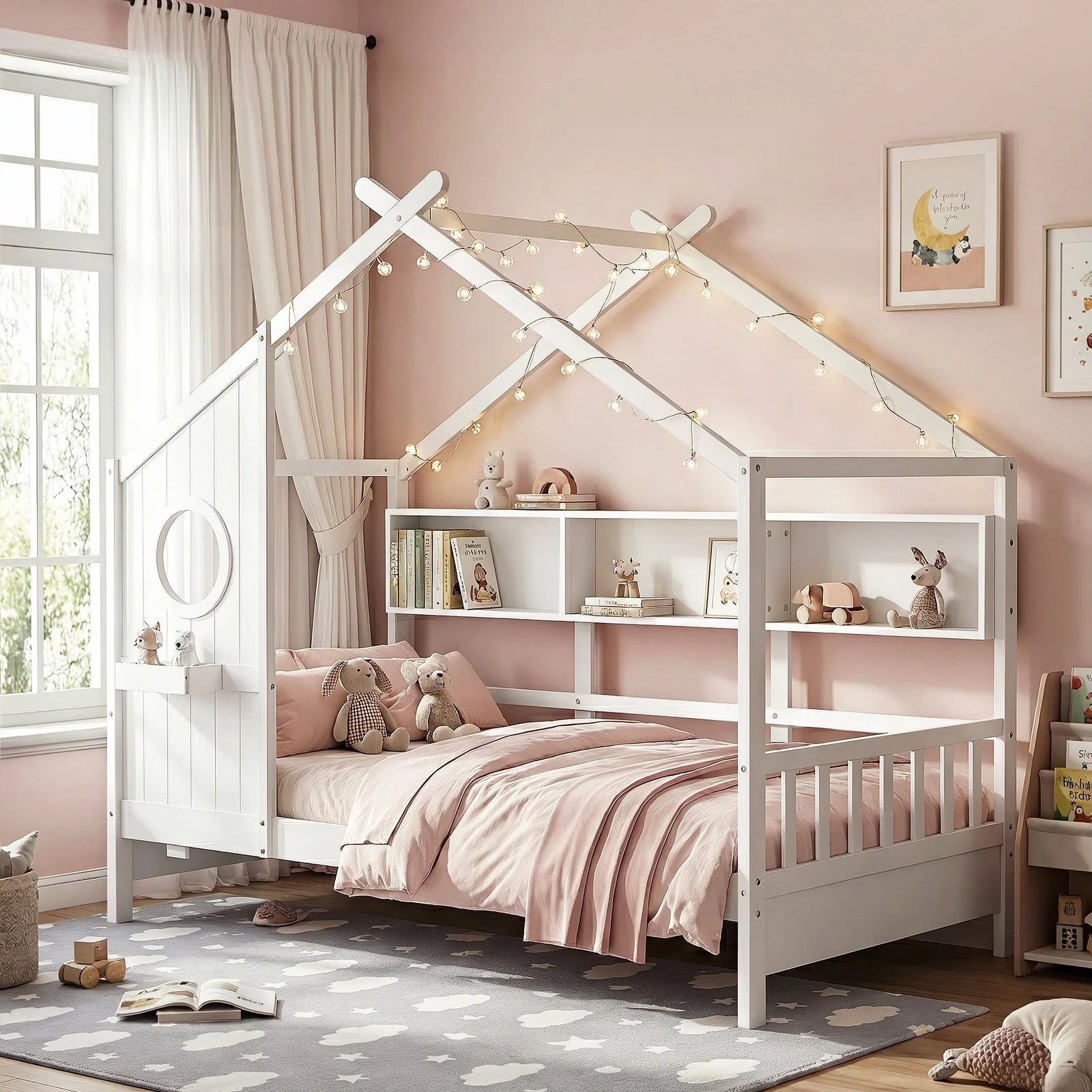 Single House Bed – Montessori Design, Built‑In Bookcase, 14 Slats, White