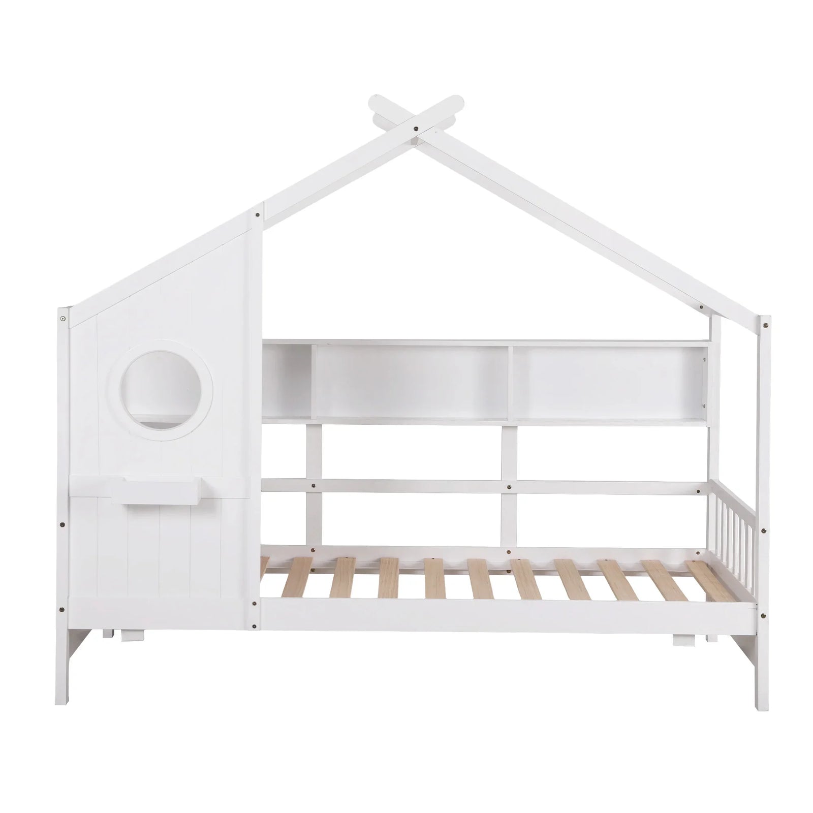 Single House Bed – Montessori Design, Built‑In Bookcase, 14 Slats, White