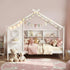 Single House Bed – Montessori Design, Built‑In Bookcase, 14 Slats, White