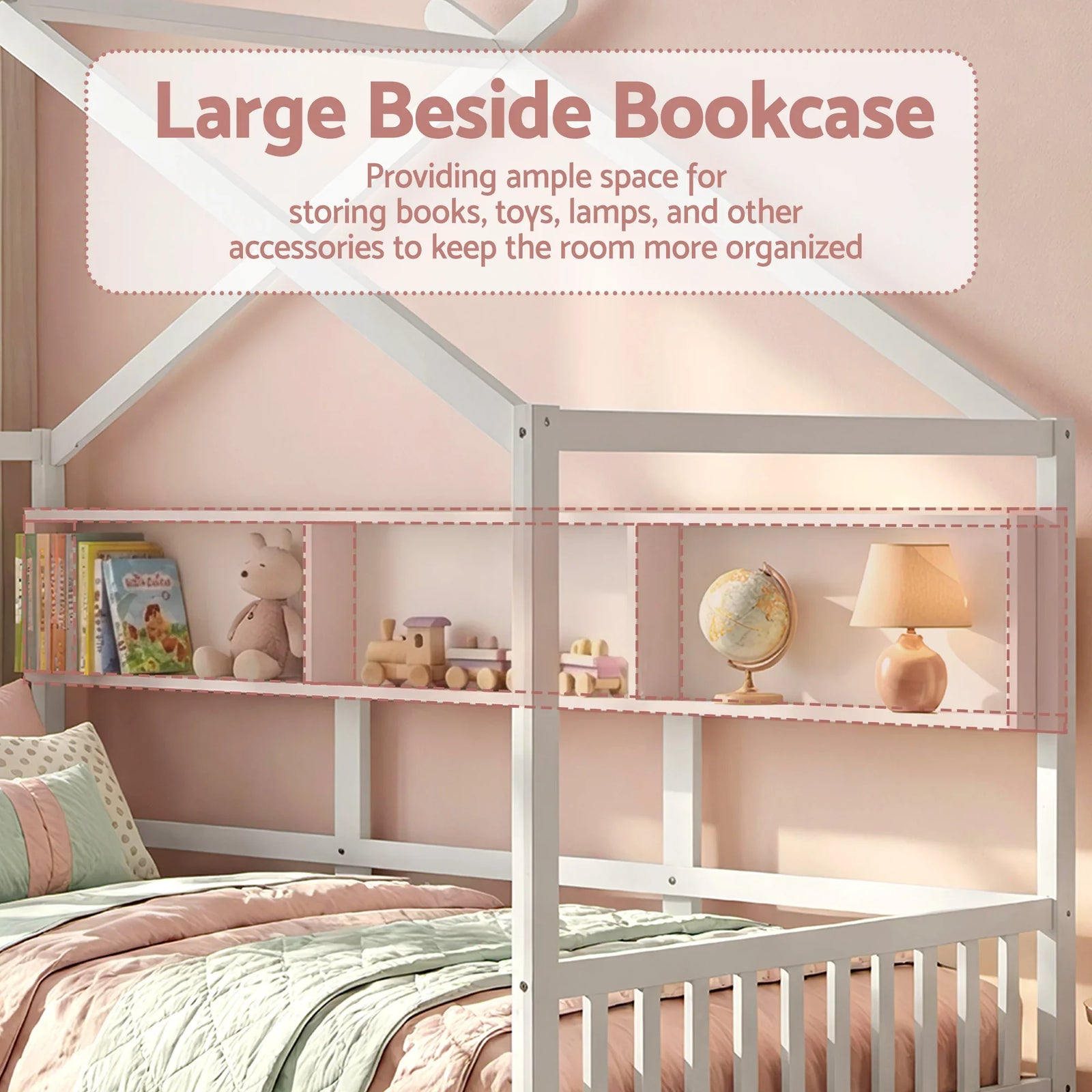 Single House Bed – Montessori Design, Built‑In Bookcase, 14 Slats, White