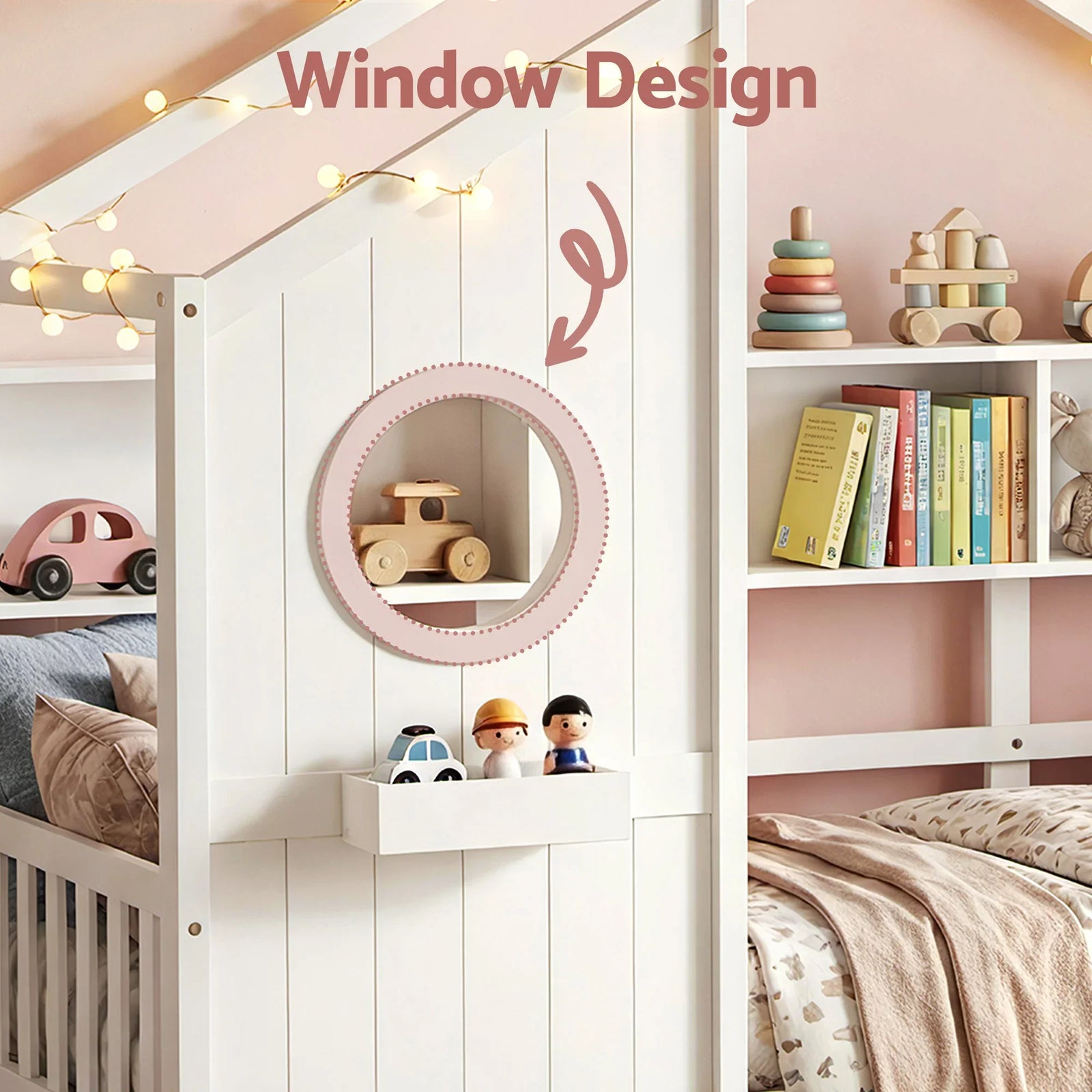 Single House Bed – Montessori Design, Built‑In Bookcase, 14 Slats, White