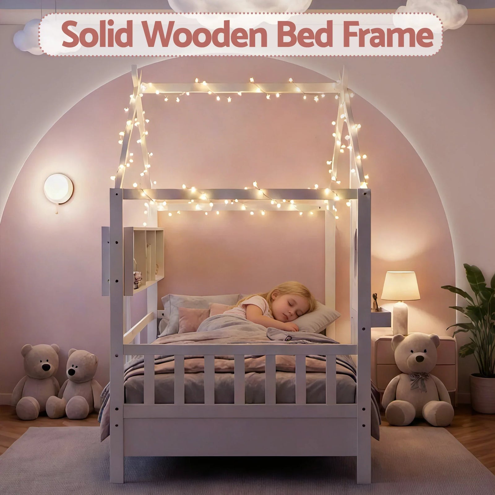 Single House Bed – Montessori Design, Built‑In Bookcase, 14 Slats, White