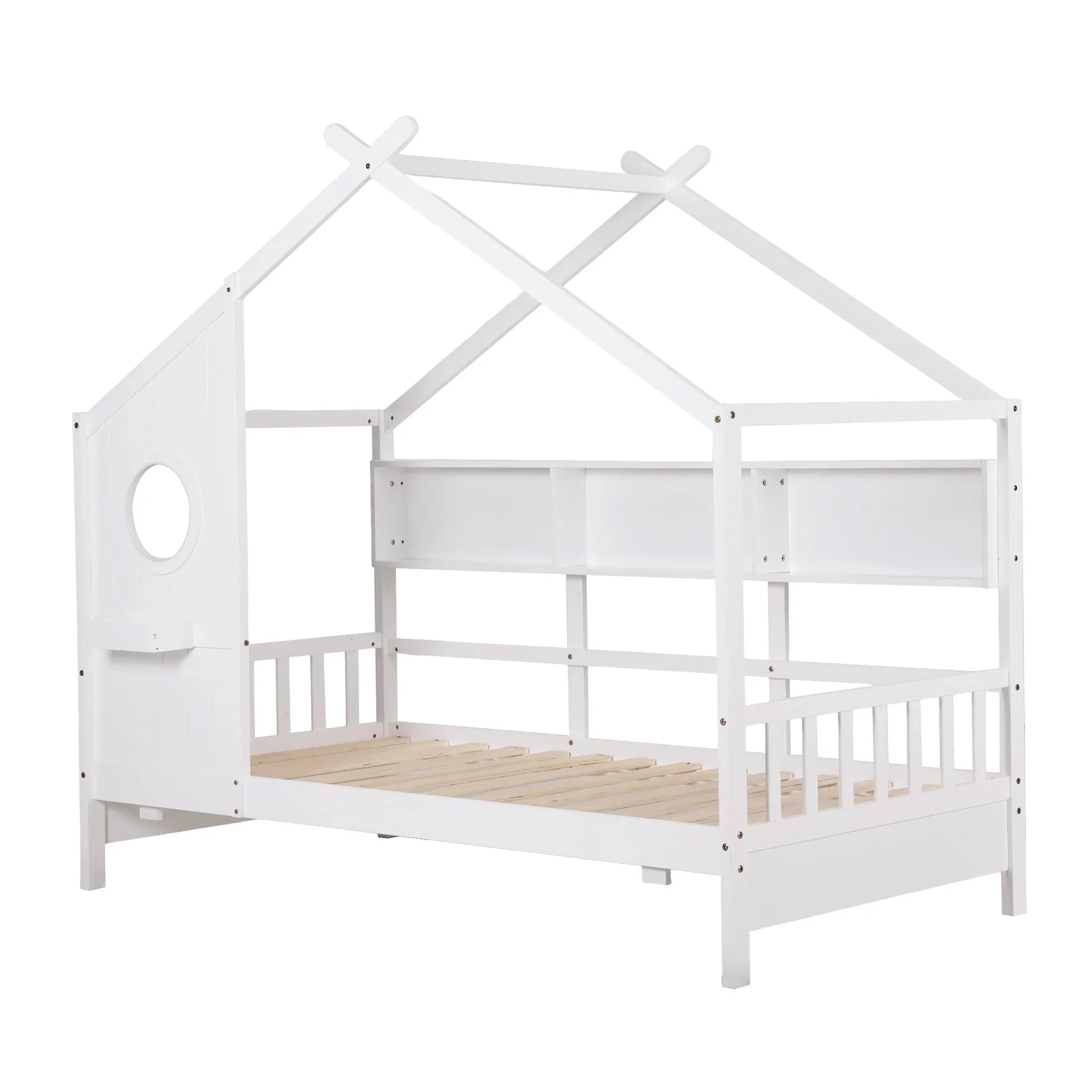 Single House Bed – Montessori Design, Built‑In Bookcase, 14 Slats, White
