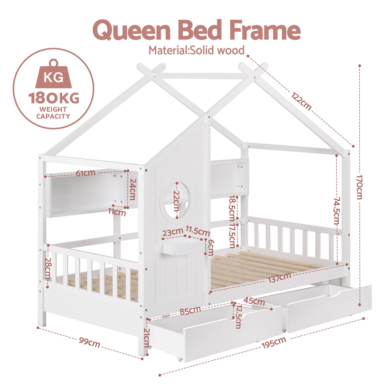 Kids Single Bed Frame with 3 Storage Bookcase & 2 Drawers House Bed Solid Wood Montessori Bed Easy Assembly White