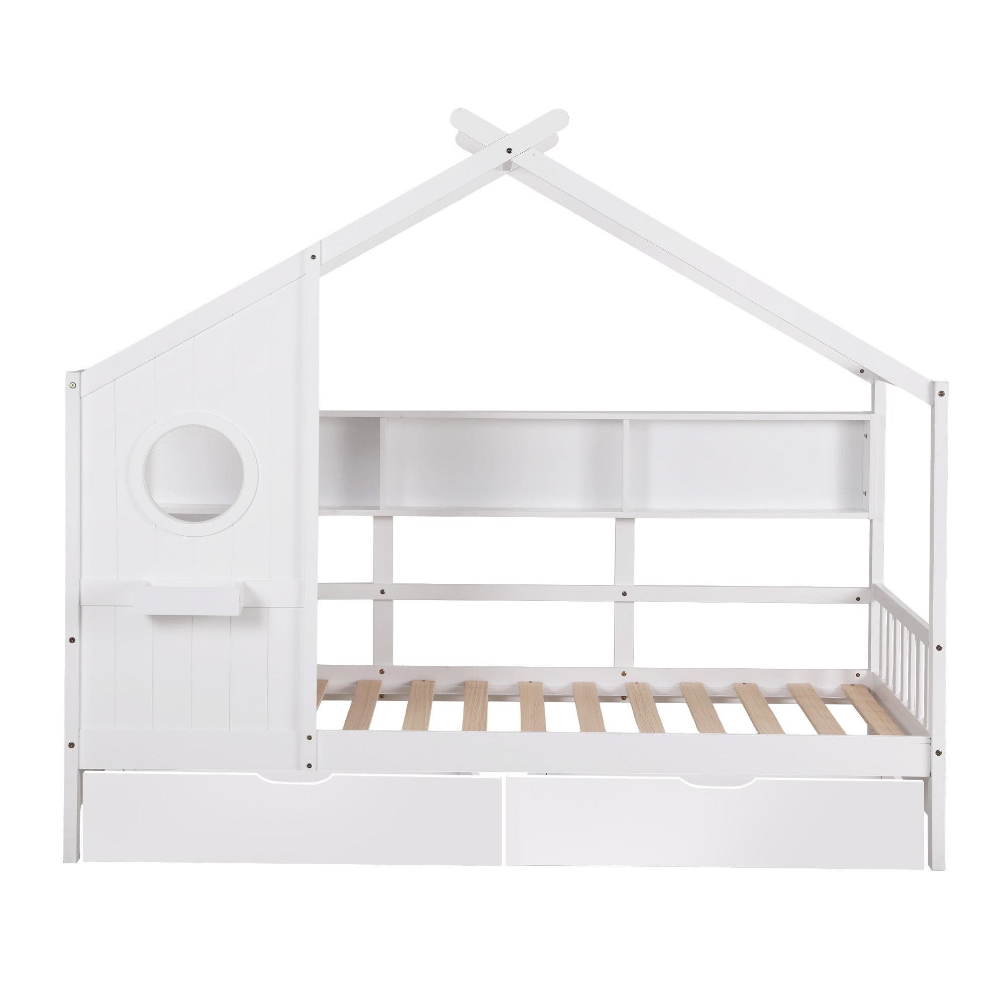Kids Single Bed Frame with 3 Storage Bookcase & 2 Drawers House Bed Solid Wood Montessori Bed Easy Assembly White