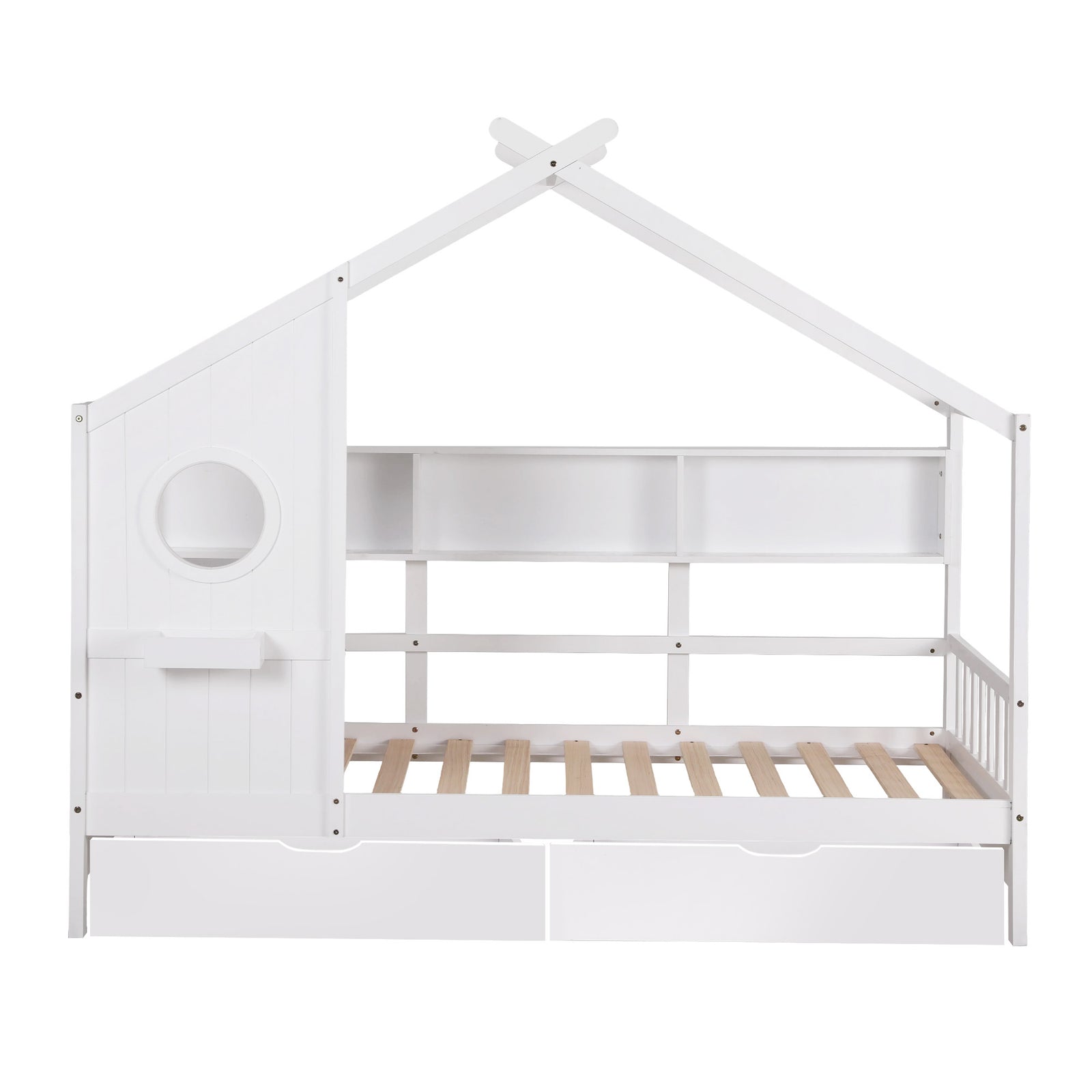 Kids Single Bed Frame with 3 Storage Bookcase & 2 Drawers House Bed Solid Wood Montessori Bed Easy Assembly White
