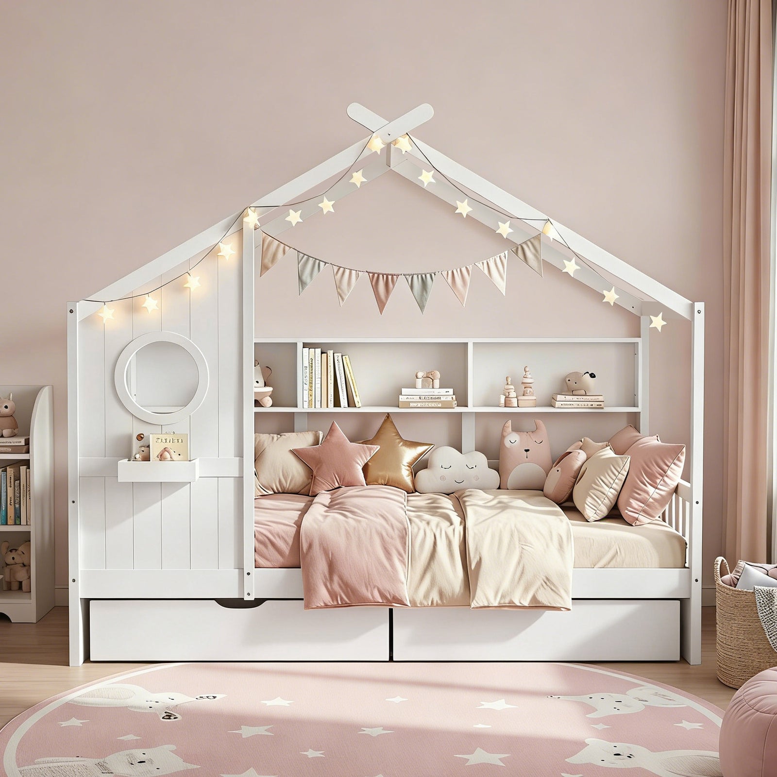 Kids Single Bed Frame with 3 Storage Bookcase & 2 Drawers House Bed Solid Wood Montessori Bed Easy Assembly White