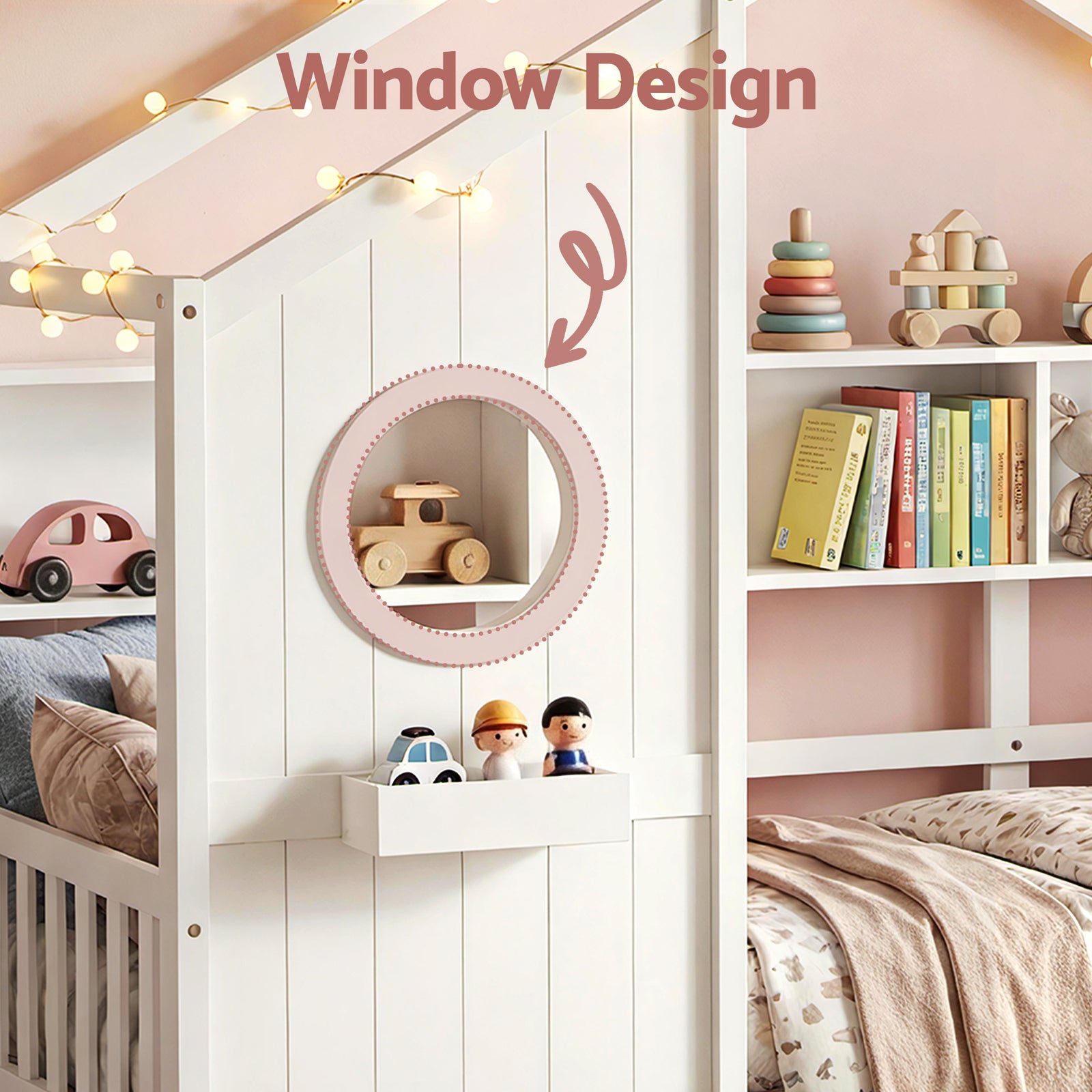 Kids Single Bed Frame with 3 Storage Bookcase & 2 Drawers House Bed Solid Wood Montessori Bed Easy Assembly White