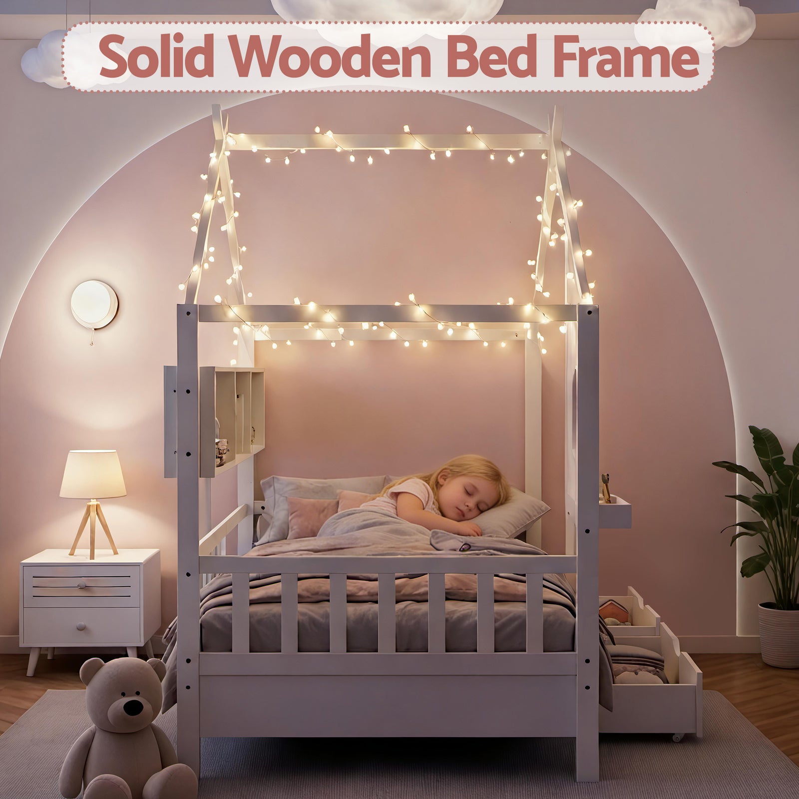Kids Single Bed Frame with 3 Storage Bookcase & 2 Drawers House Bed Solid Wood Montessori Bed Easy Assembly White