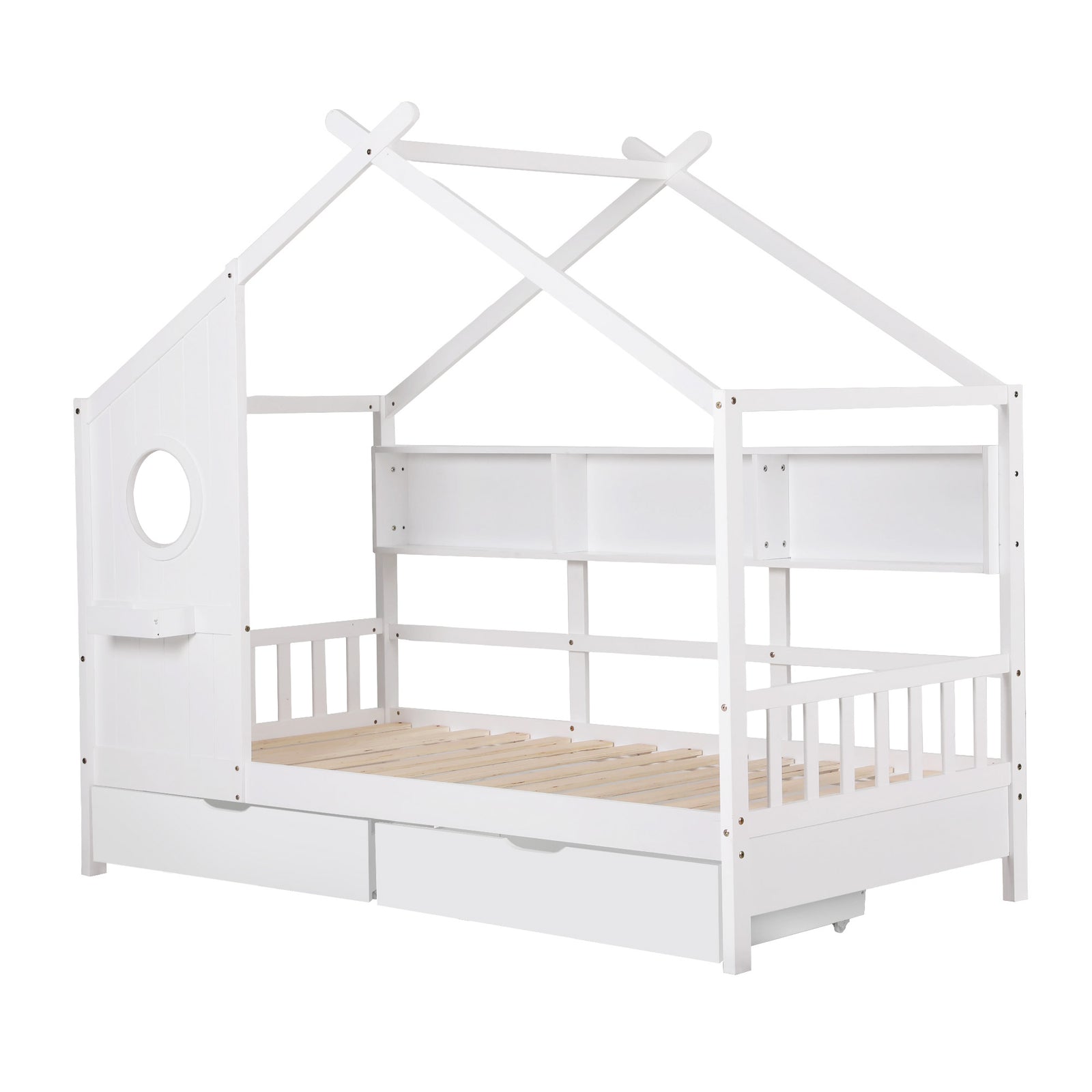 Kids Single Bed Frame with 3 Storage Bookcase & 2 Drawers House Bed Solid Wood Montessori Bed Easy Assembly White
