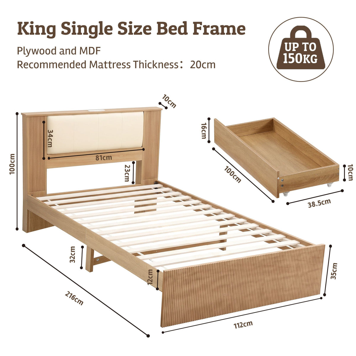 Artiss King Single Bed Frame with 2 Drawers, PU Leather Headboard & Charging Station