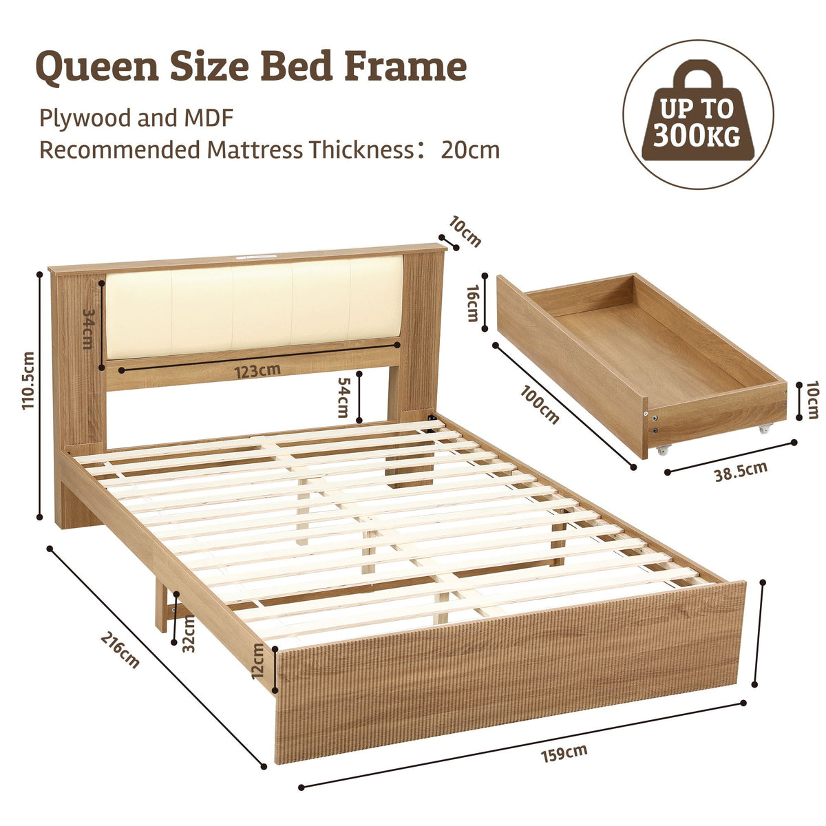 Artiss Queen Bed Frame with 2 Drawers, PU Leather Headboard & Charging Station