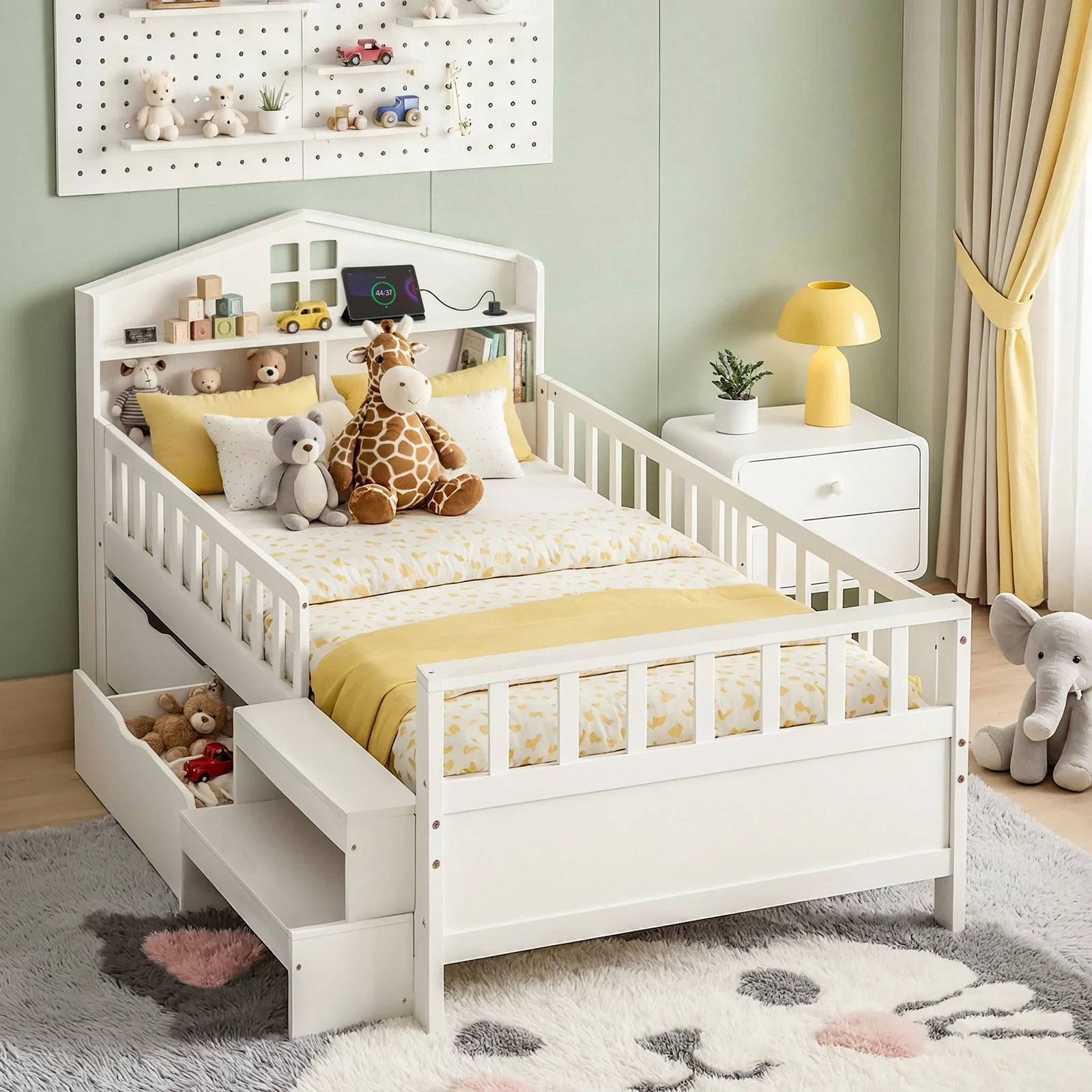 Single Bed Frame with 2 Storage Drawers, Montessori Bed with Headboard, 2 USB Ports & Led Light, Solid Wood Platform Bed Base with Safety Rail & Ladder, 31CM Under-Bed Storage, White