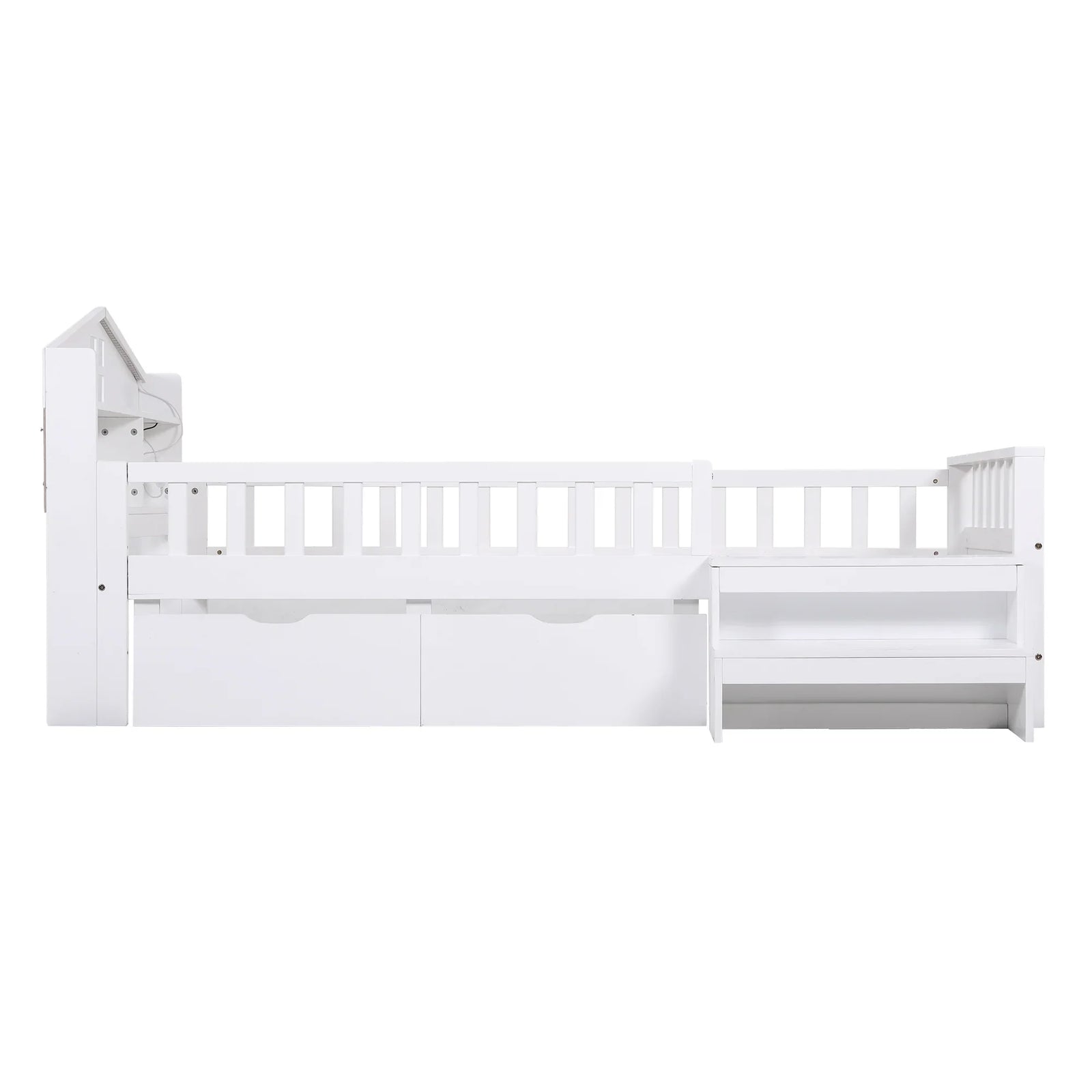 Single Bed Frame with 2 Storage Drawers, Montessori Bed with Headboard, 2 USB Ports & Led Light, Solid Wood Platform Bed Base with Safety Rail & Ladder, 31CM Under-Bed Storage, White