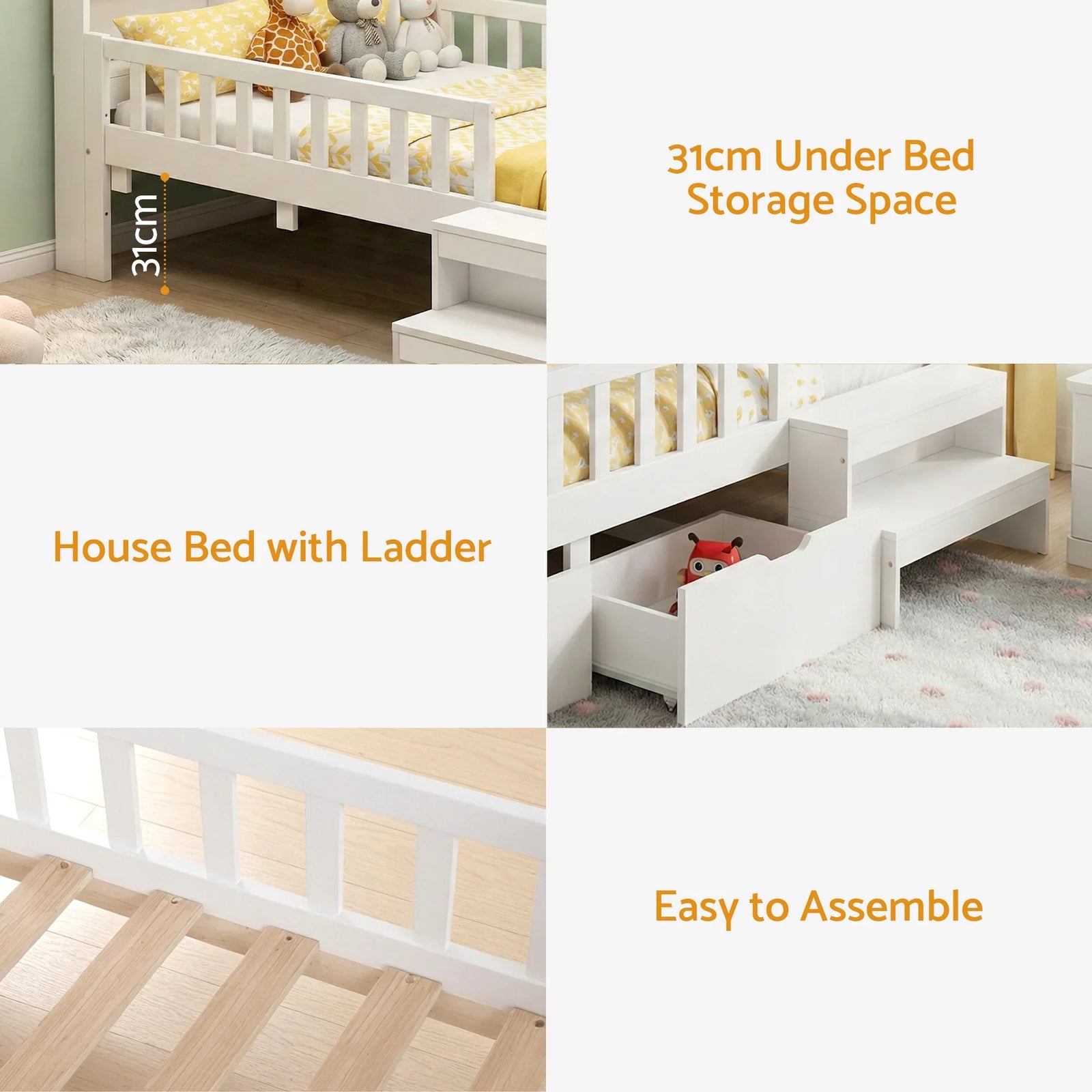 Single Bed Frame with 2 Storage Drawers, Montessori Bed with Headboard, 2 USB Ports & Led Light, Solid Wood Platform Bed Base with Safety Rail & Ladder, 31CM Under-Bed Storage, White
