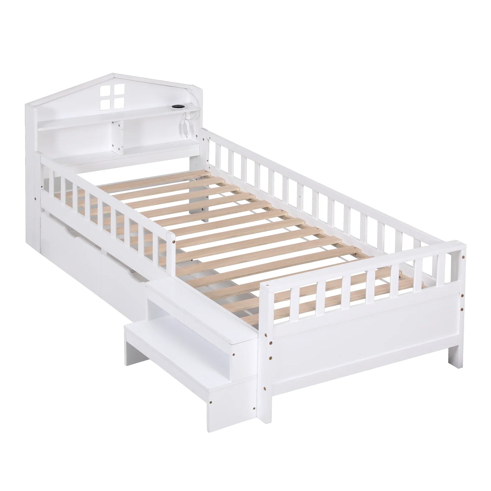 Single Bed Frame with 2 Storage Drawers, Montessori Bed with Headboard, 2 USB Ports & Led Light, Solid Wood Platform Bed Base with Safety Rail & Ladder, 31CM Under-Bed Storage, White