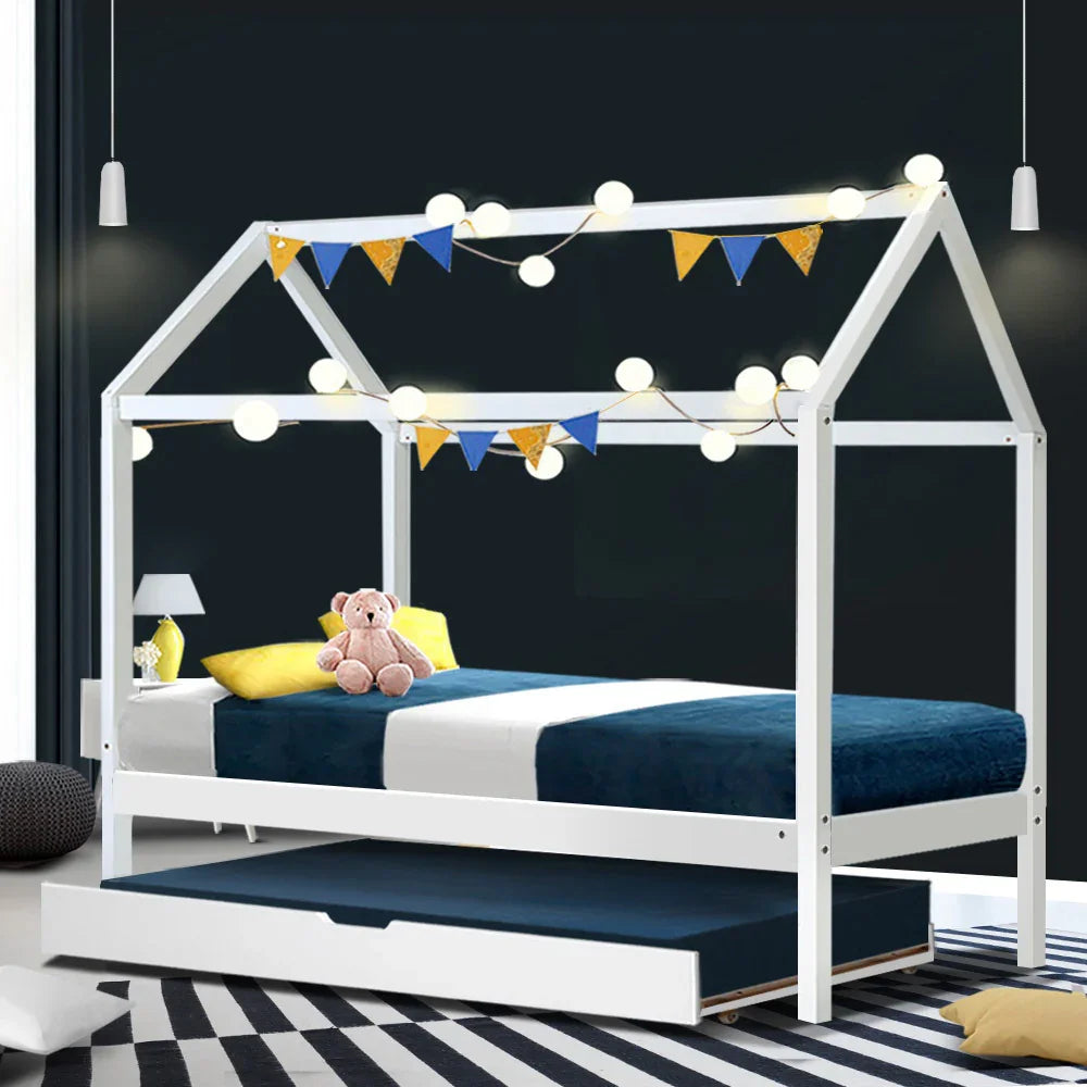 Single House Bed Frame Pine Wood Kids Bed White Australian Size