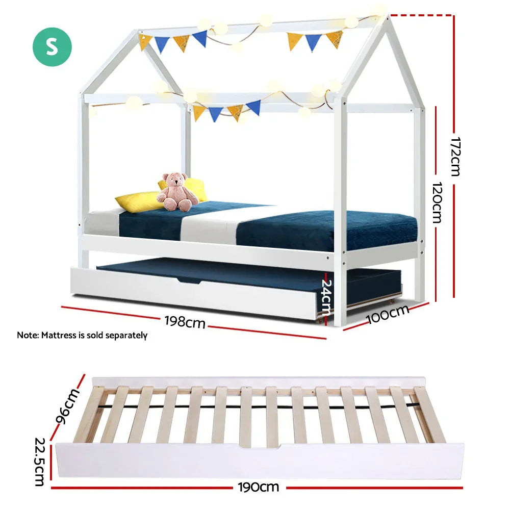 Single House Bed Frame Pine Wood Kids Bed White Australian Size