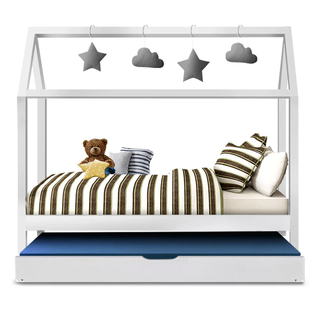 Artiss Single House Bed Frame Pine Wood Kids Bed White Australian Size