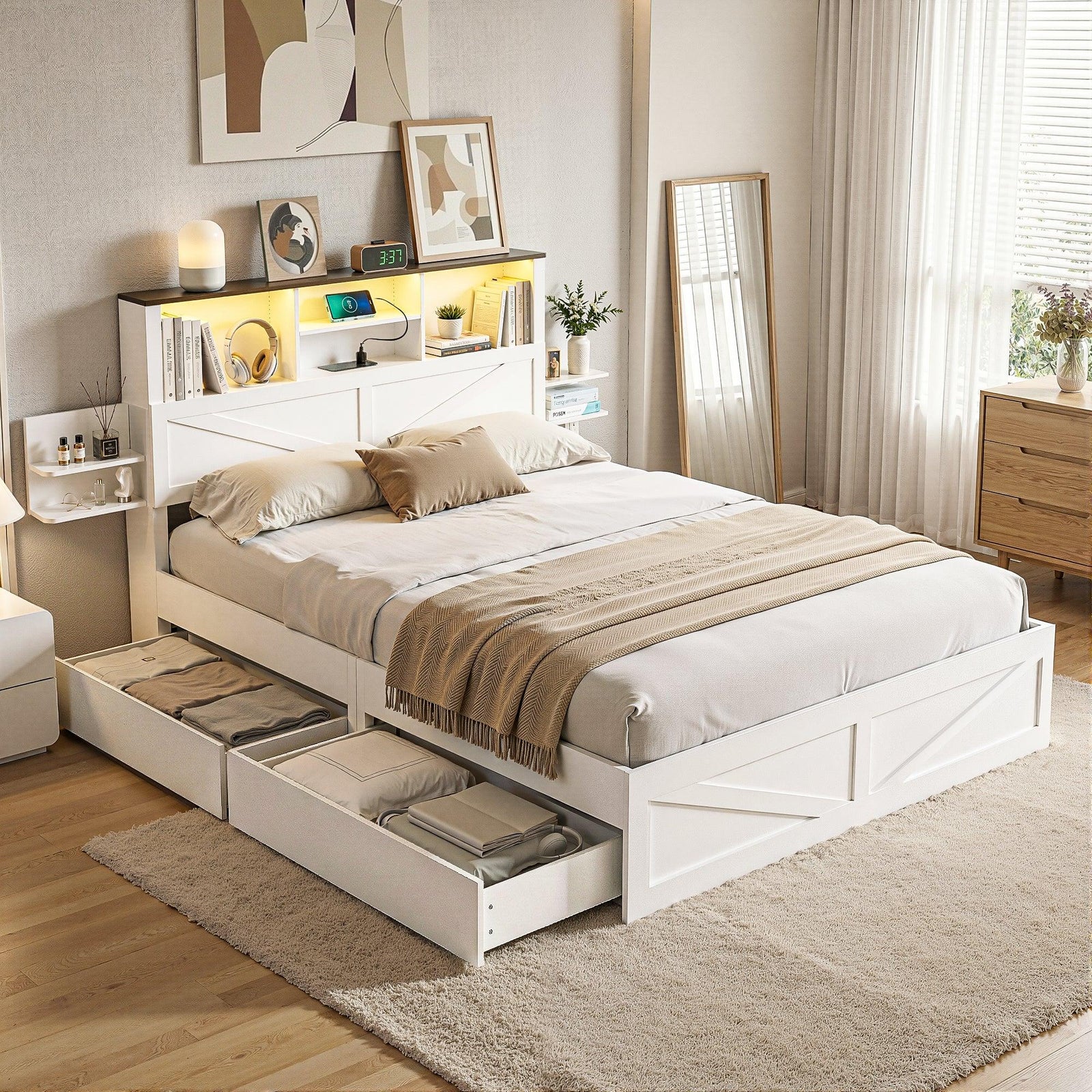 Double Bed Frame with Storage Drawers White Platform Bedframe with Bookcase Headboard Charging Station Led Light
