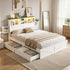 Double Bed Frame with Storage Drawers White Platform Bedframe with Bookcase Headboard Charging Station Led Light