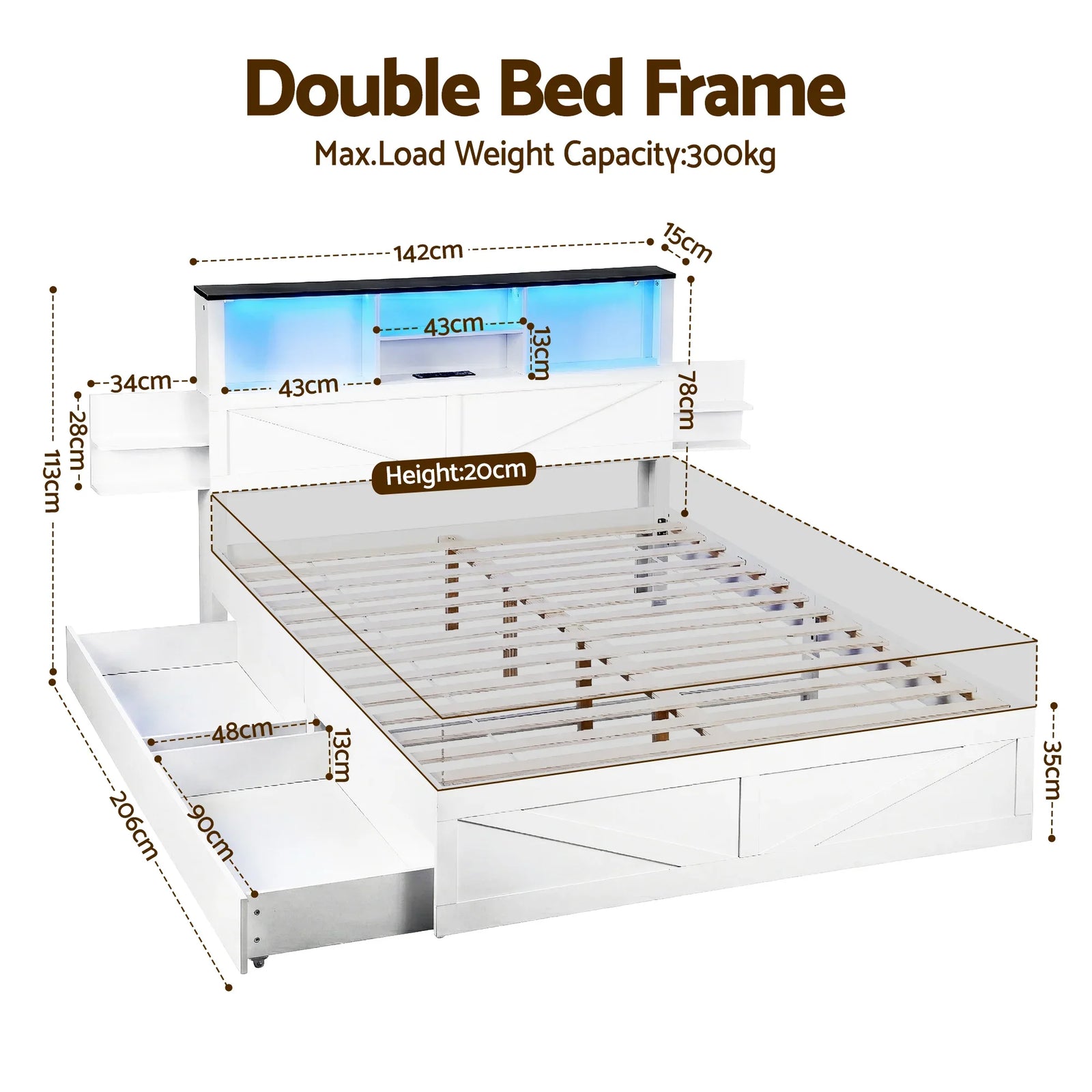 Double Bed Frame with Storage Drawers White Platform Bedframe with Bookcase Headboard Charging Station Led Light