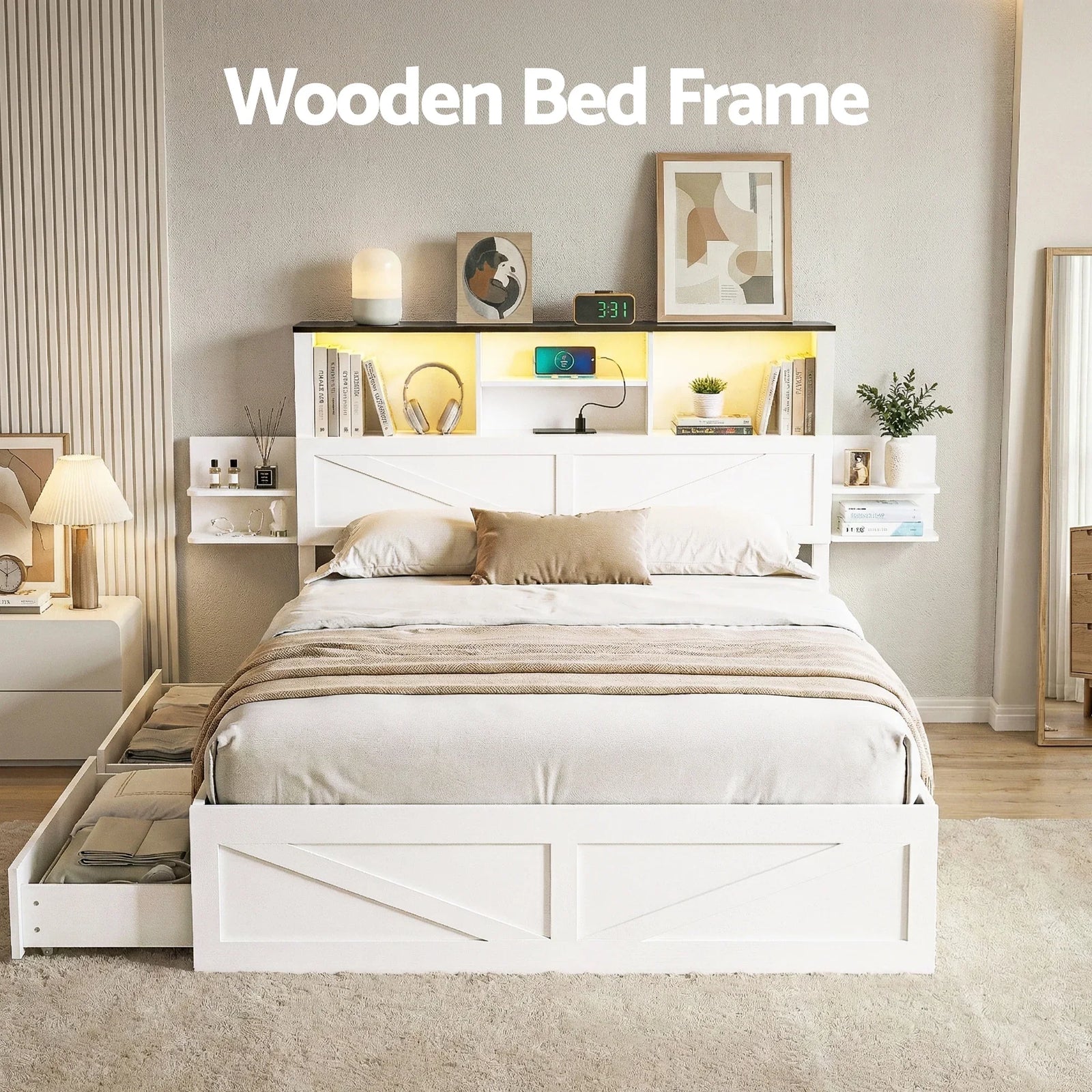 Double Bed Frame with Storage Drawers White Platform Bedframe with Bookcase Headboard Charging Station Led Light