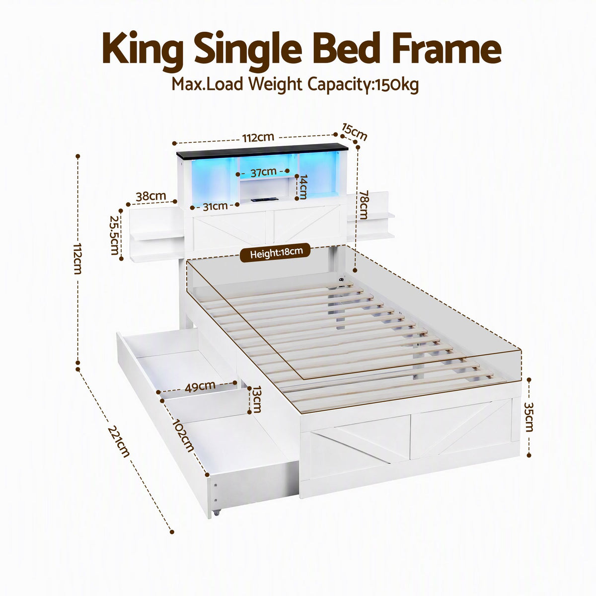 Artiss King Single Bed Frame with Storage Drawers White Platform Bedframe with Bookcase Headboard Charging Station Led Light