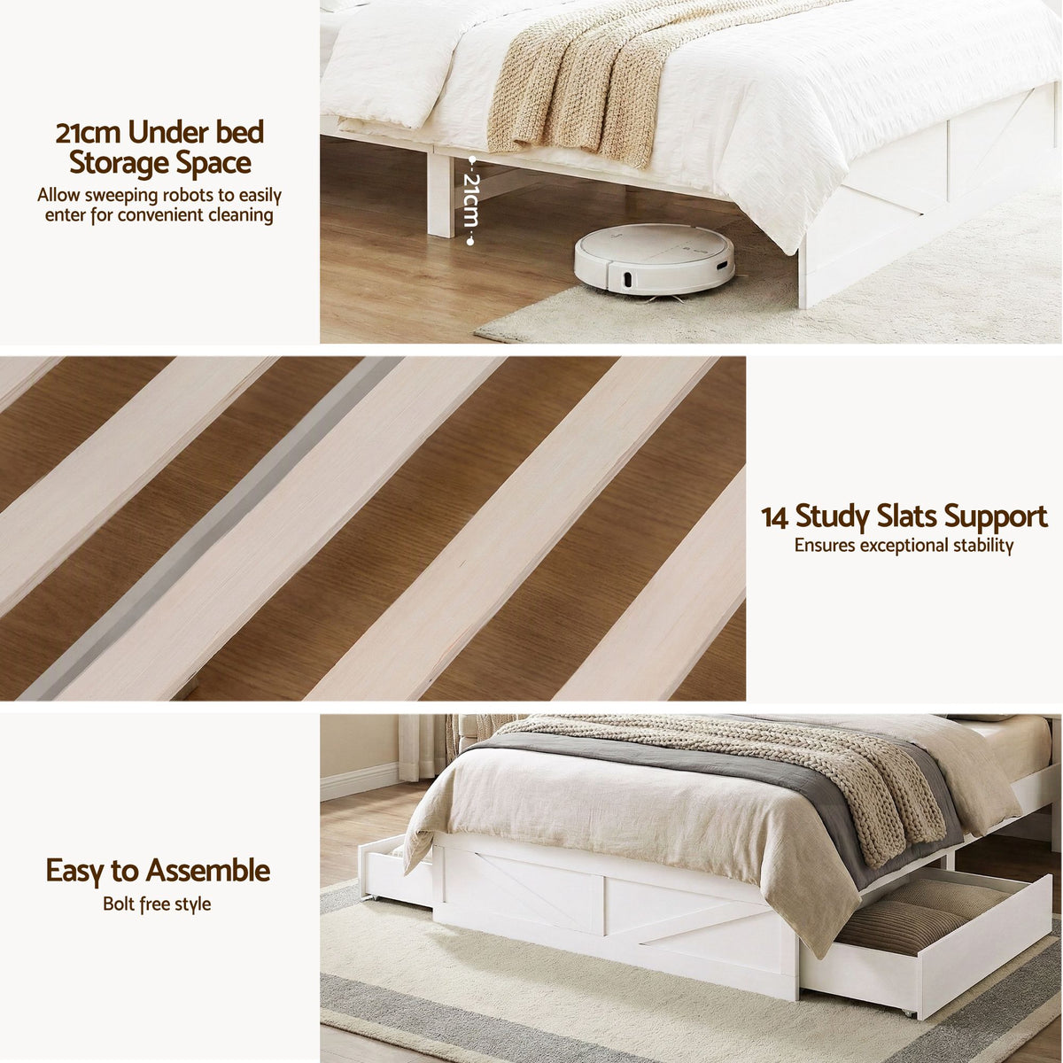 Artiss King Single Bed Frame with Storage Drawers White Platform Bedframe with Bookcase Headboard Charging Station Led Light