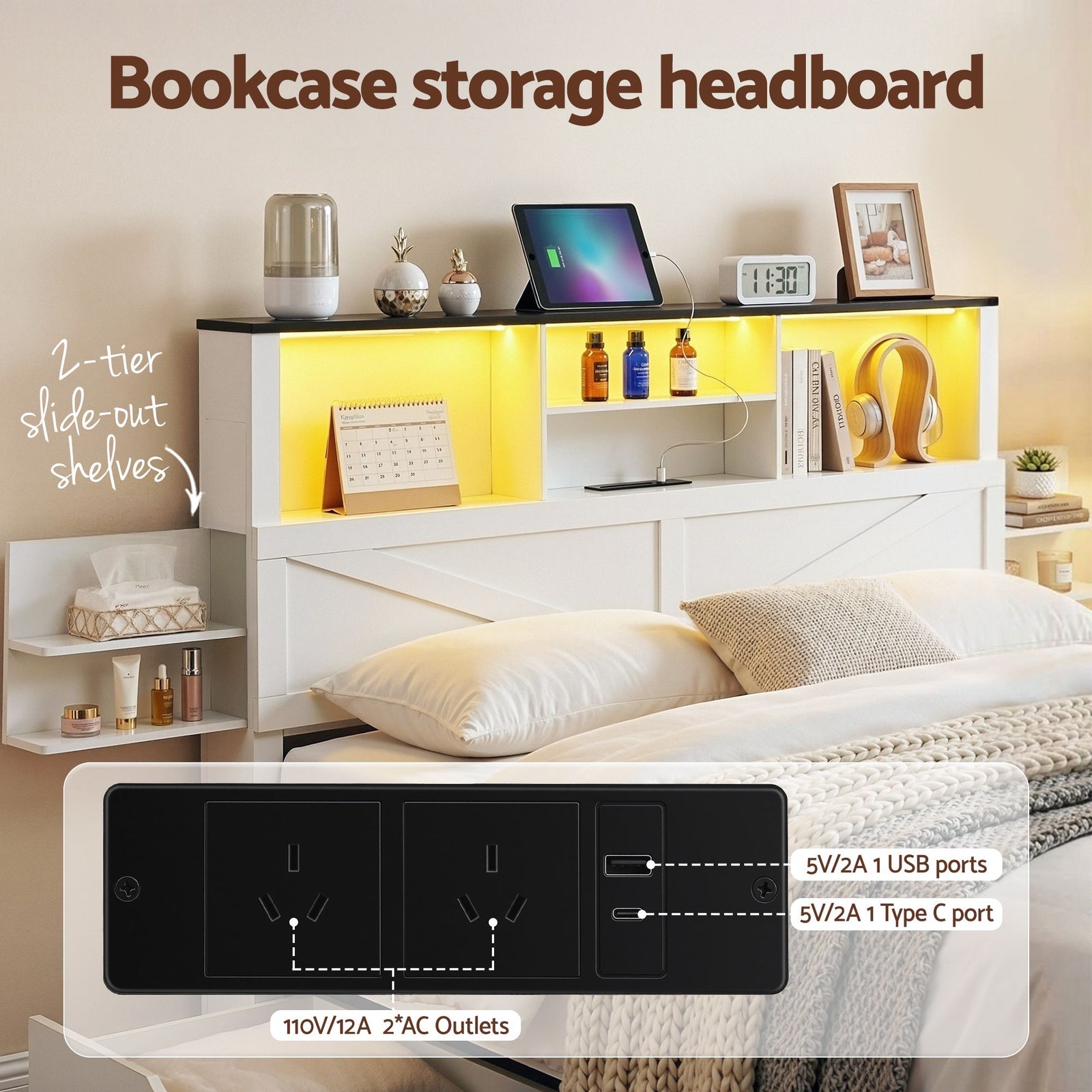 Artiss King Single Bed Frame with Storage Drawers White Platform Bedframe with Bookcase Headboard Charging Station Led Light