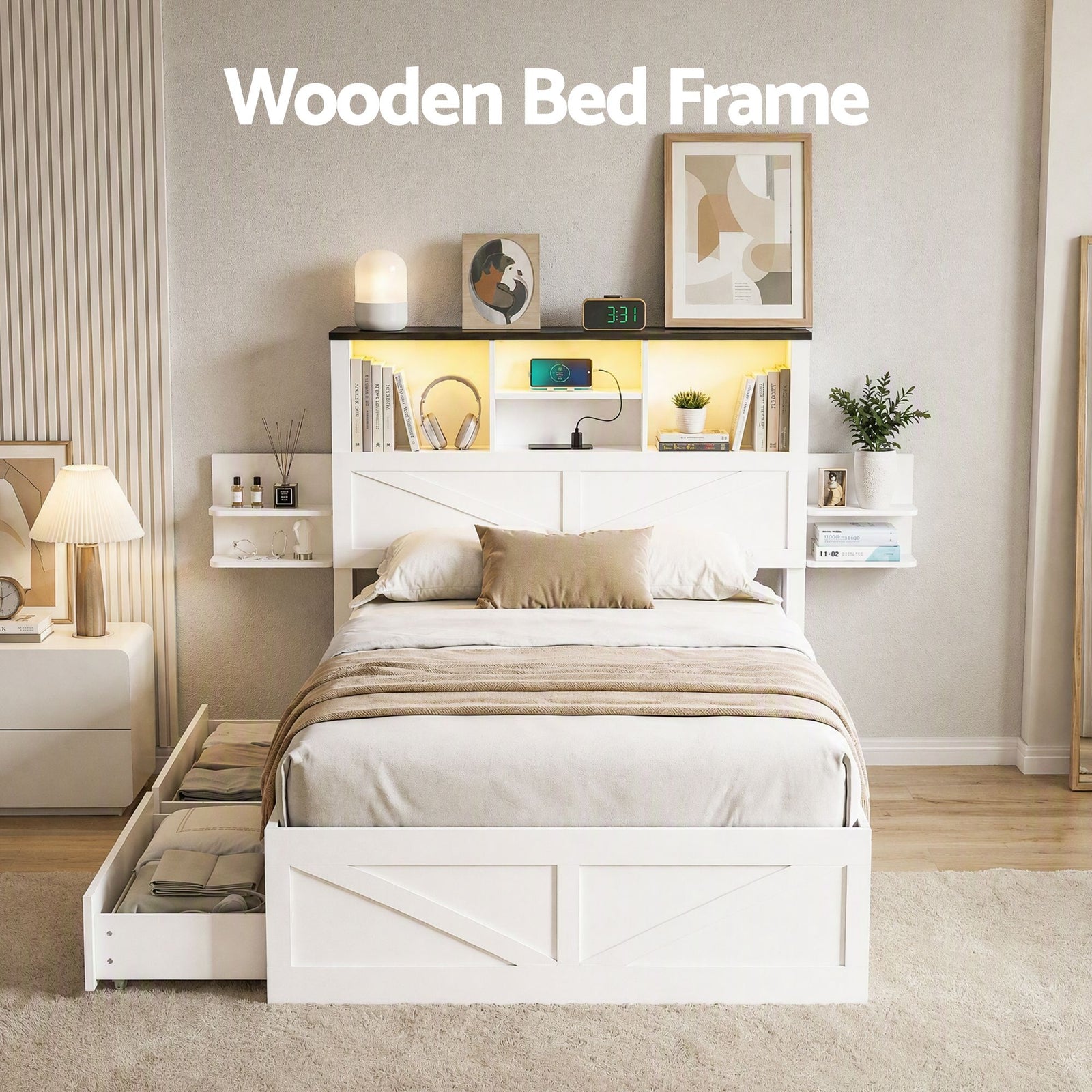 Artiss King Single Bed Frame with Storage Drawers White Platform Bedframe with Bookcase Headboard Charging Station Led Light