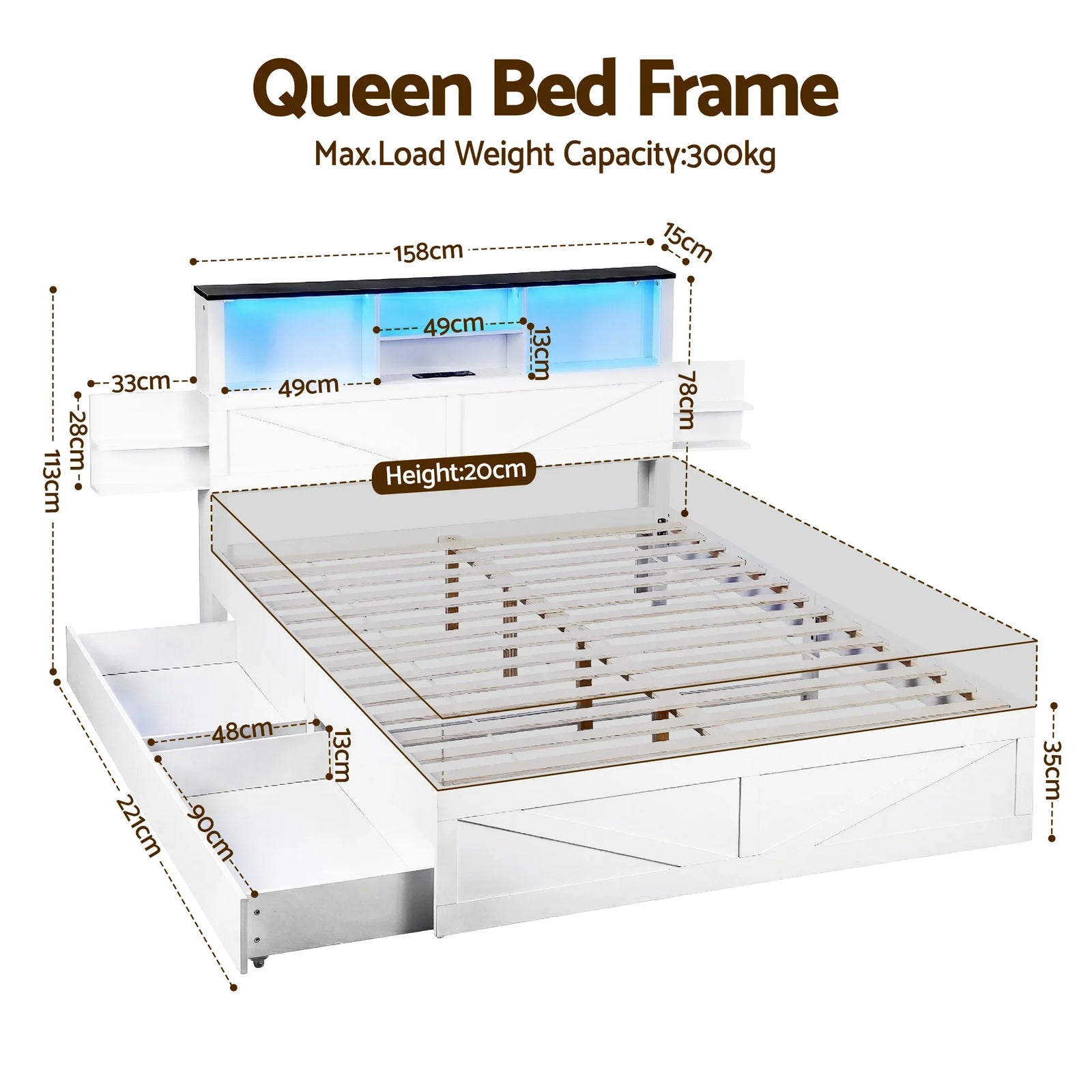 Queen Bed Frame with Storage Drawers White Platform Bedframe with Bookcase Headboard Charging Station Led Light
