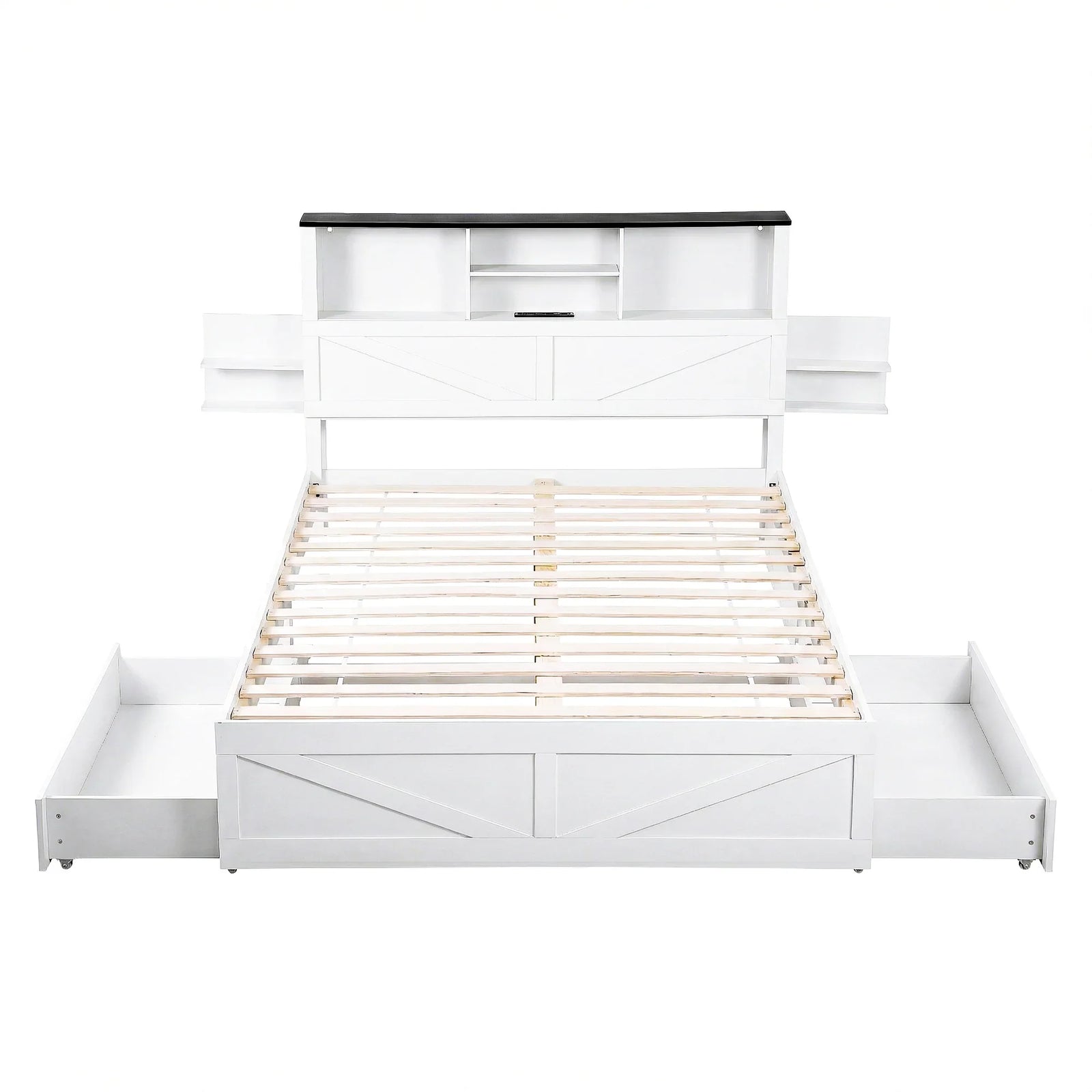 Queen Bed Frame with Storage Drawers White Platform Bedframe with Bookcase Headboard Charging Station Led Light