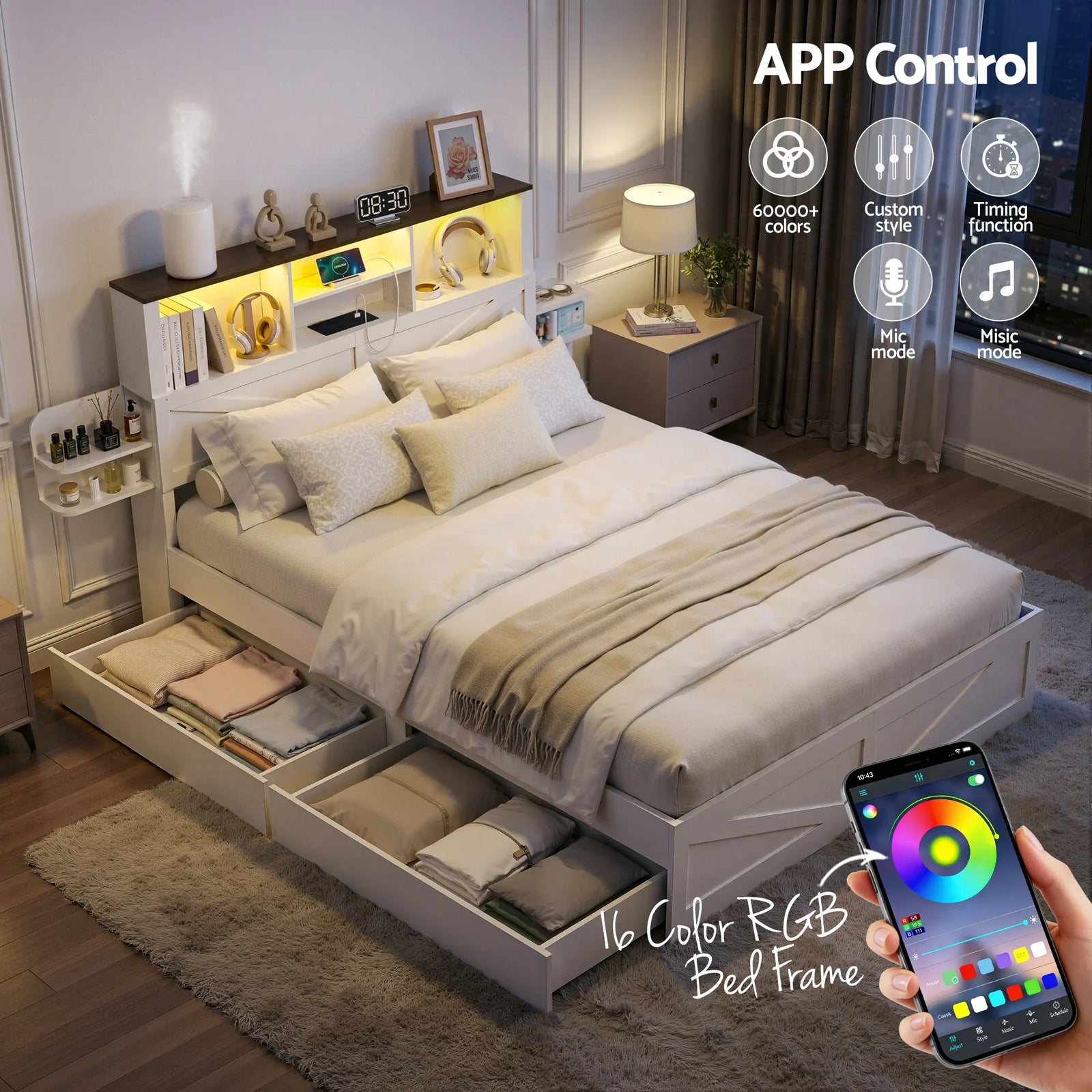 Queen Bed Frame with Storage Drawers White Platform Bedframe with Bookcase Headboard Charging Station Led Light