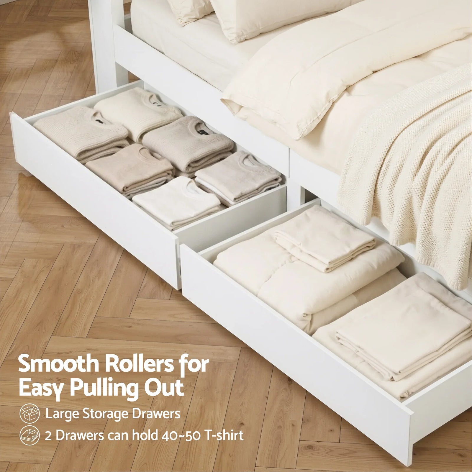 Queen Bed Frame with Storage Drawers White Platform Bedframe with Bookcase Headboard Charging Station Led Light