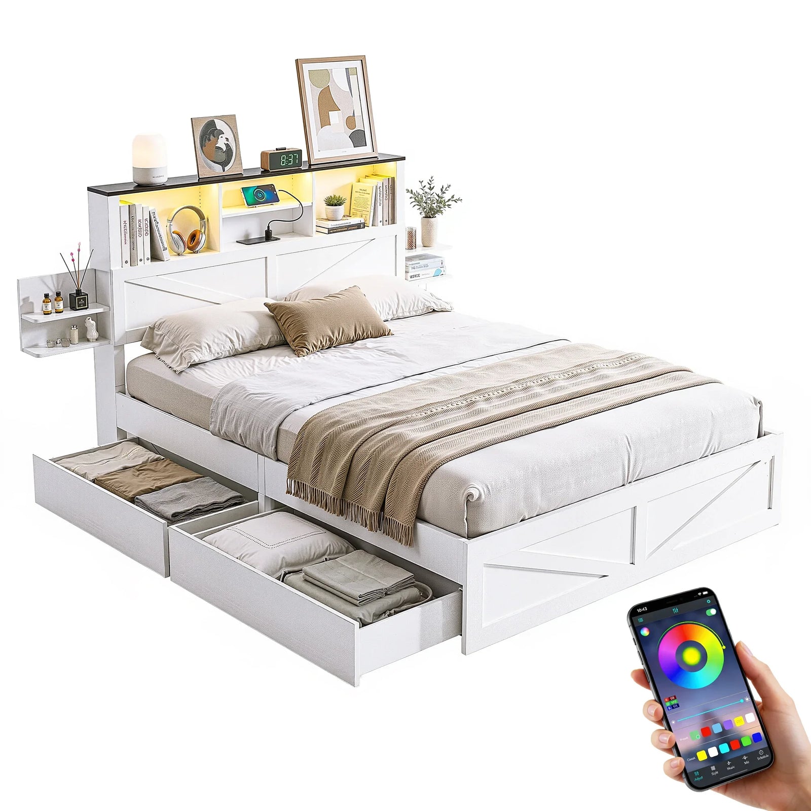 Queen Bed Frame with Storage Drawers White Platform Bedframe with Bookcase Headboard Charging Station Led Light
