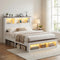 Double Storage Bed Frame with LED Headboard Charging Station White Platform