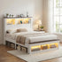 Double Bed Frame with Storage Bookcase Headboard and Footboard White Wooden Platform Bed with Charging Station and Led Light Bedroom Furniture