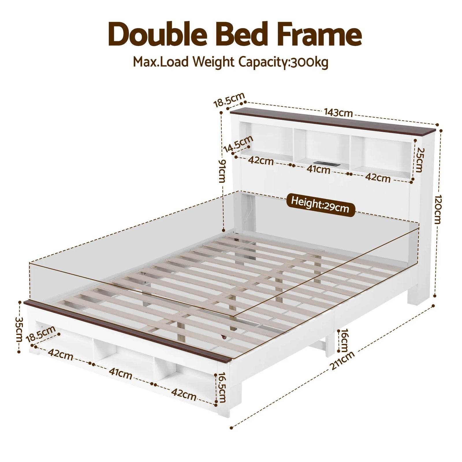 Double Bed Frame with Storage Bookcase Headboard and Footboard White Wooden Platform Bed with Charging Station and Led Light Bedroom Furniture