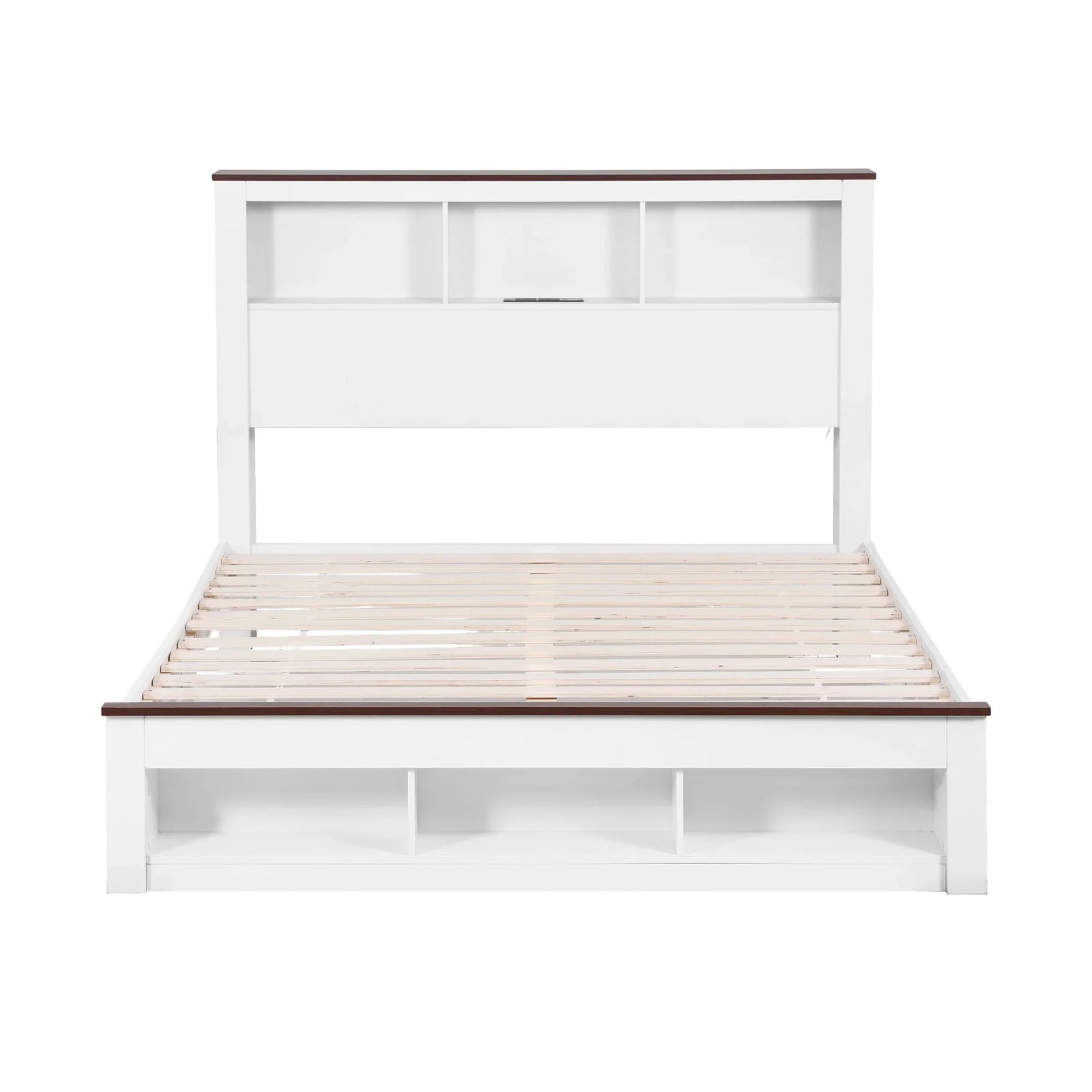 Double Bed Frame with Storage Bookcase Headboard and Footboard White Wooden Platform Bed with Charging Station and Led Light Bedroom Furniture